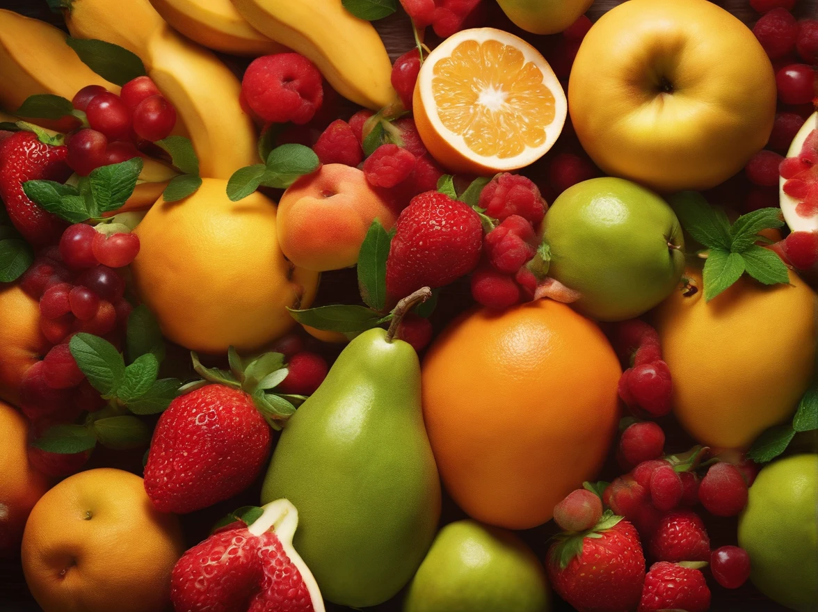 a lot of fruit, Cinematic, Professional Photography, Studio Lighting, Studio Background, advertising photography, Intricate details, ultra-detailliert, A hyper-realistic, 8KUHD
