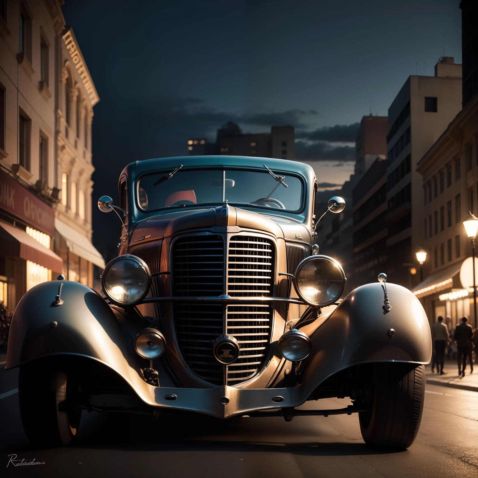 un Ford hotrod de 1934 bajado con ruedas personalizadas. Editorial photo shoot in the city center at night. cinematic lighting