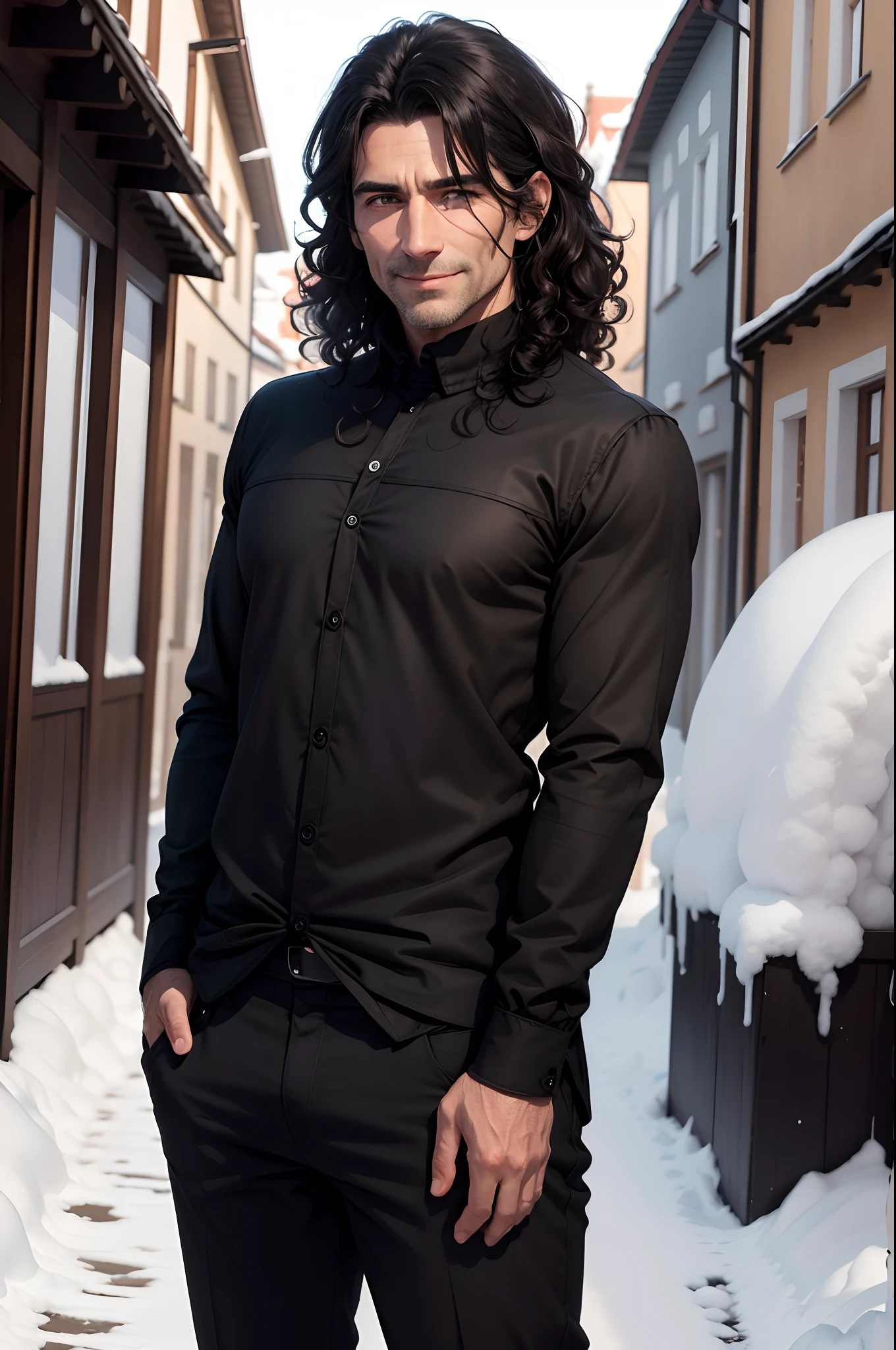 8k realistic image of a 40 year old man, medium sized curly black hair, strong, devilish smile, dressed in a casual black blouse and black pants, standing and handcuffed, in a small German town in winter, snow anime style art