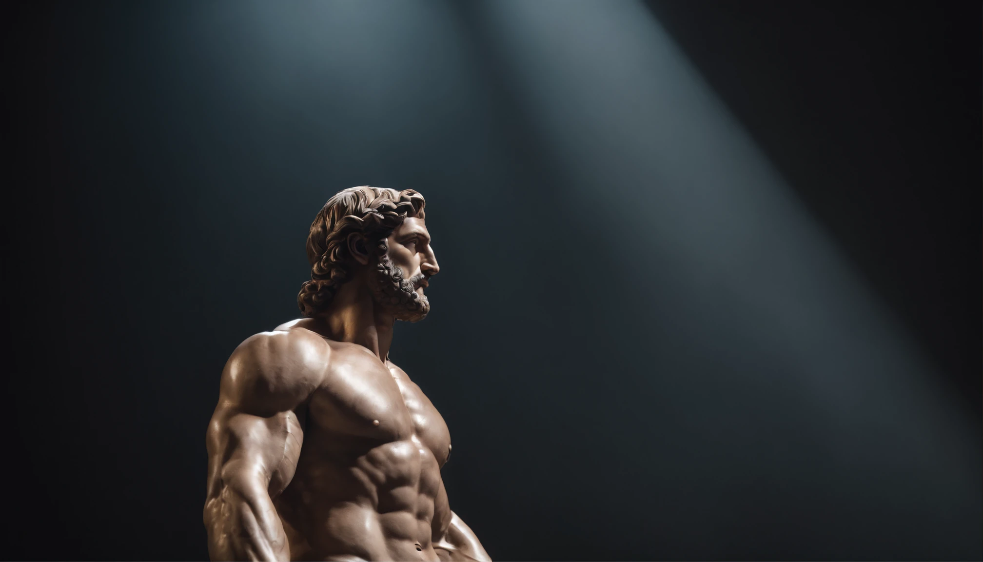 Hercules-style Greek stoic statue with highlighted muscles dark background