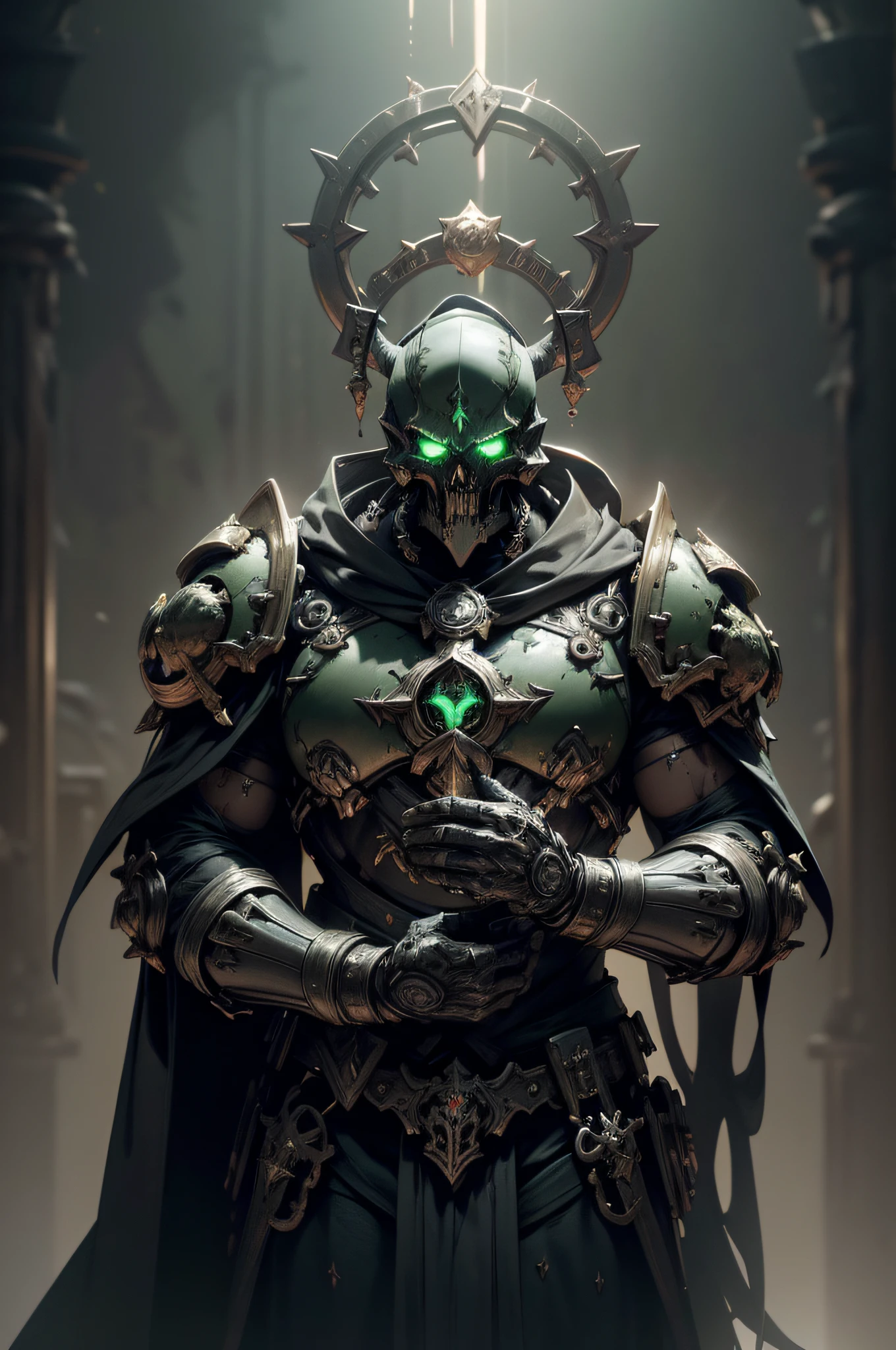 A Putrid Space marine, with bolt gun, Plague gas, Puss oozing out, slime,  fighting in a wasteland, Chaos marine, Warhammer style, Skull symbols, detailed face, (detailed hands), (Burning green eyes), , Red-blooded pentagram, Glowing Grimmore closes, summoning circle, Rusty chains, Discreet lighting, gloomy atmosphere, dark shadows, subtle highlights, mysterious aura, panoramic photography, wide-angle perspectives intricately details, Highly detailed, volumetric lighting, 4K rendering, stock photo, Ultra photo realism, Lifelike texture, Dramatic lighting, illusory engine style of dark fantasy art, dark fantasy artwork, dark fantasy character design, dark fantasy concept art, gothic fantasy art