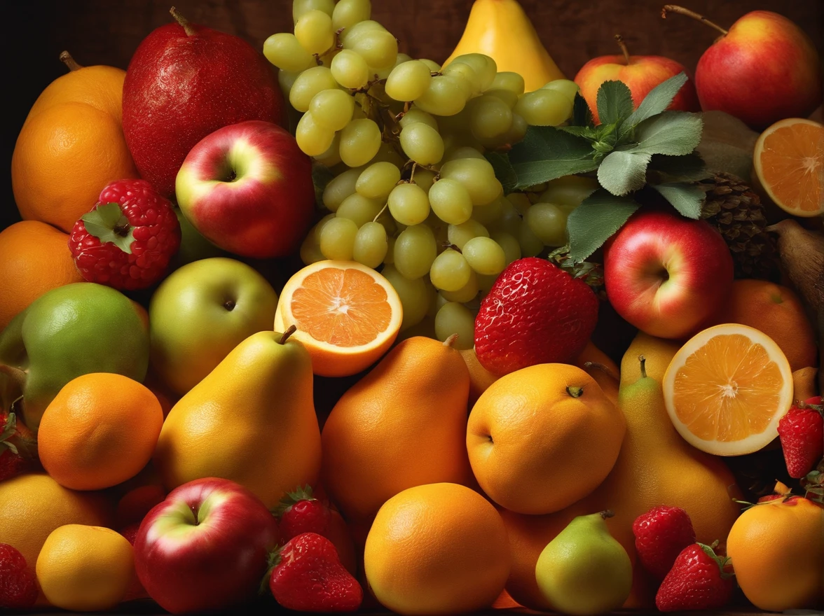 a lot of fruit, Cinematic, Professional Photography, Studio Lighting, Studio Background, advertising photography, Intricate details, ultra-detailliert, A hyper-realistic, 8KUHD