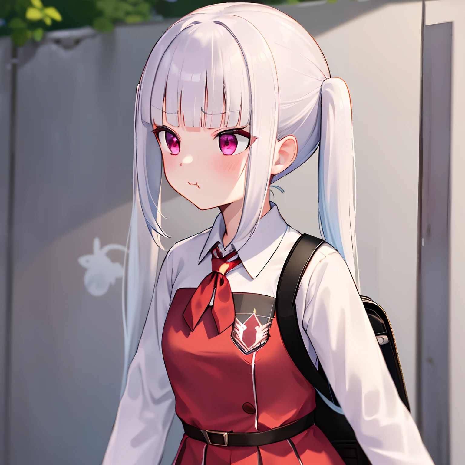 1girl, straight-on, upper body, solo, closed mouth, white shirt, tight shirt, red skirt, red necktie, holding backpack, angry, pout, red cheeks, school, 7 year old girl, (iwanagadress:1.2), (iwanagakotoko:0.9), lineart,  outdoor, long sleeves, looking away, twintail