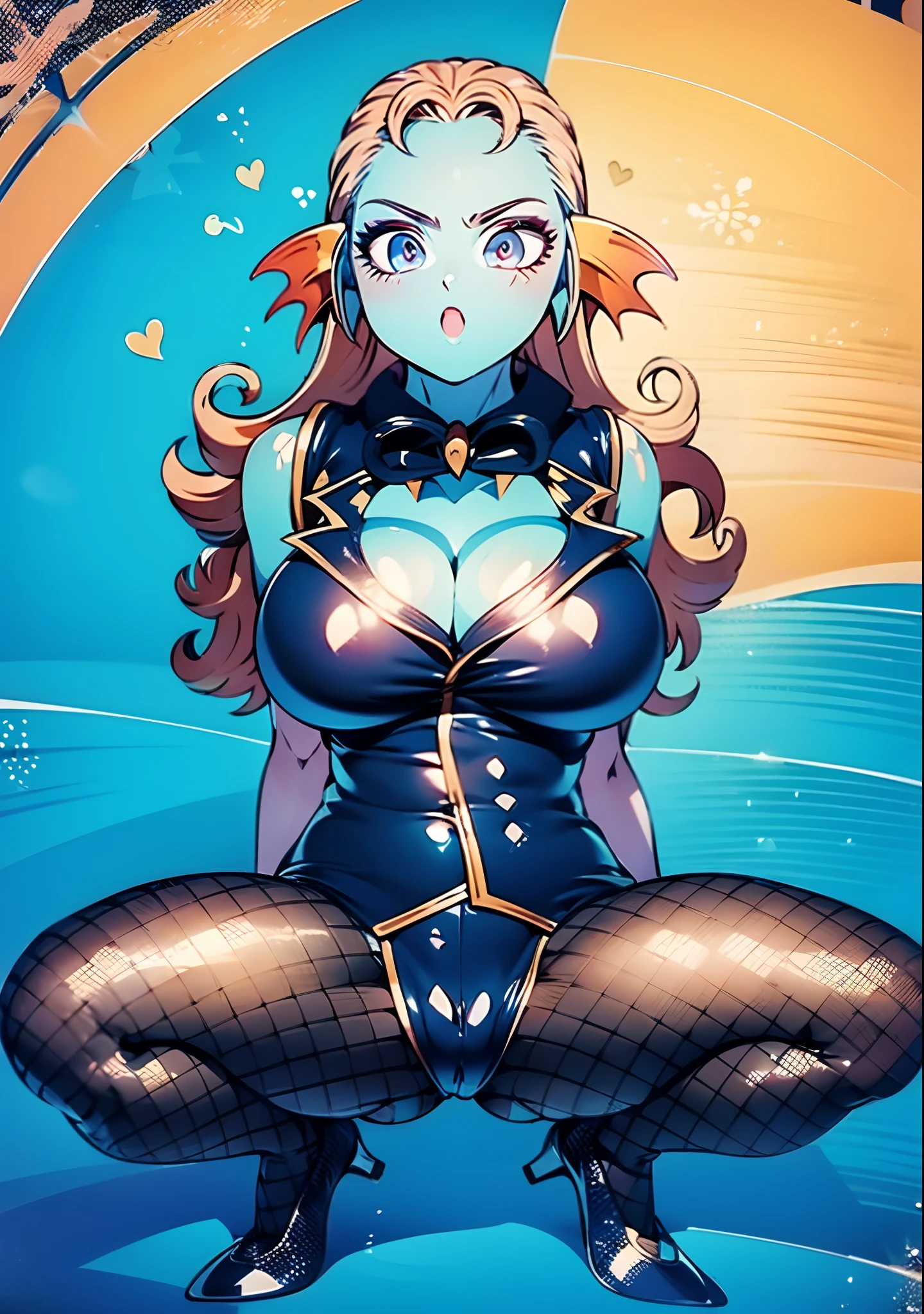 8K,High quality,Anime,married,Beautiful woman,Bright,Eye Highlights,Purple eyes,Sexy,ultra gigantic tits,oversized tits,Dark blue ,Erotic,beautiful line art. Blue skin, Blue and orange gradient fins, Dark Eye Makeup, The background is the seaside、Fishnet stockings for legs、red high-heeled shoes、spreading legs、Emphasis on the crotch、Black attire、Glossy outfit、