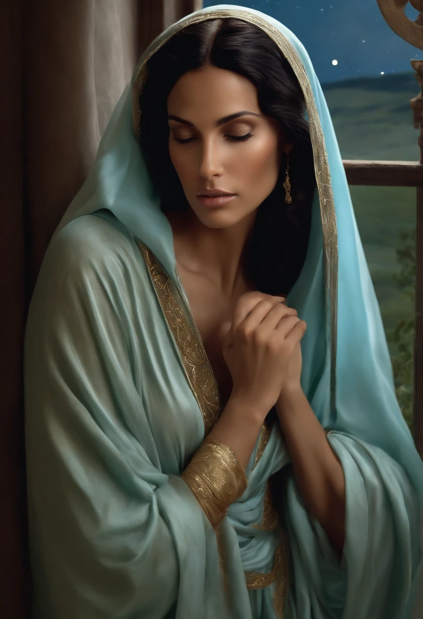 Mother of Jesus, Black hair and green eyes, Light brown skin, Wearing a light blue robe, And a sky blue veil, Gentle expressions that bring peace (Full body) near a window, Illuminated by the Moon (Magnificent and realistic)