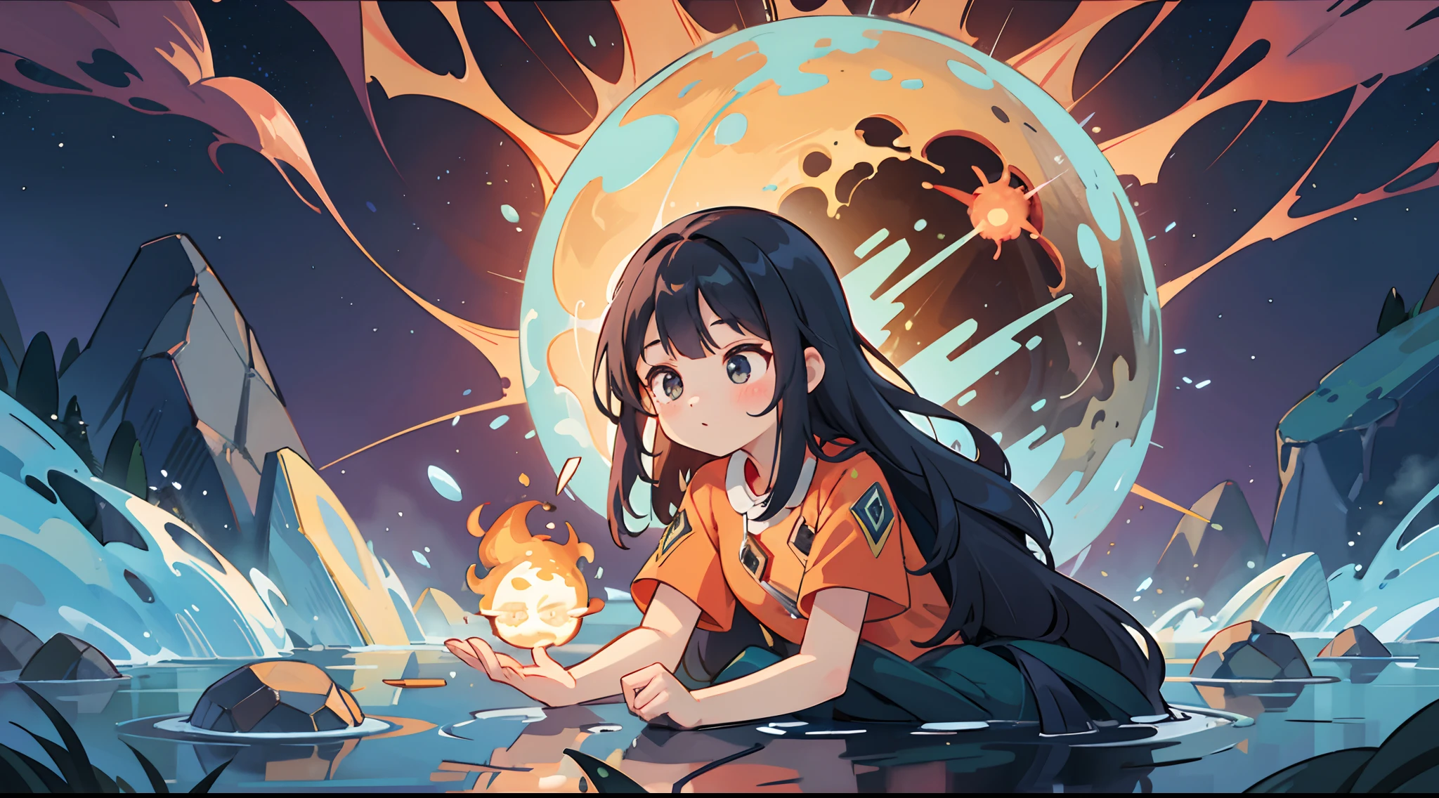 Digital Art, prety woman 、Rays around the woman(Fire Spirit, Water Spirit, Earth Spirit), 8k high quality detailed art, fire, meteorite, eruption, bio luminescent
