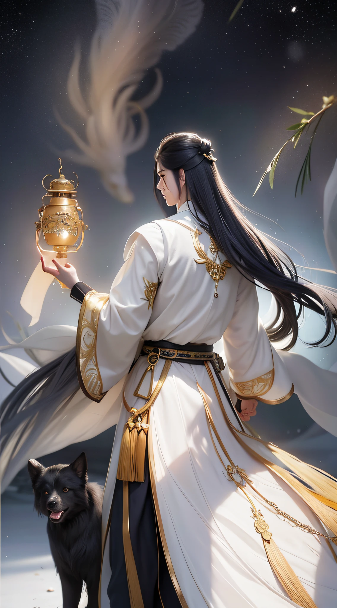 Anime characters with lanterns and dogs in the sky, heise jinyao, Inspired by Seki Dosheng, by Yang J, flowing white robe, inspired by Yang Jin, flowing hair and long robes, Inspired by Huang Shen, xianxia fantasy, beautiful male god of death, xianxia hero, picture of a male cleric