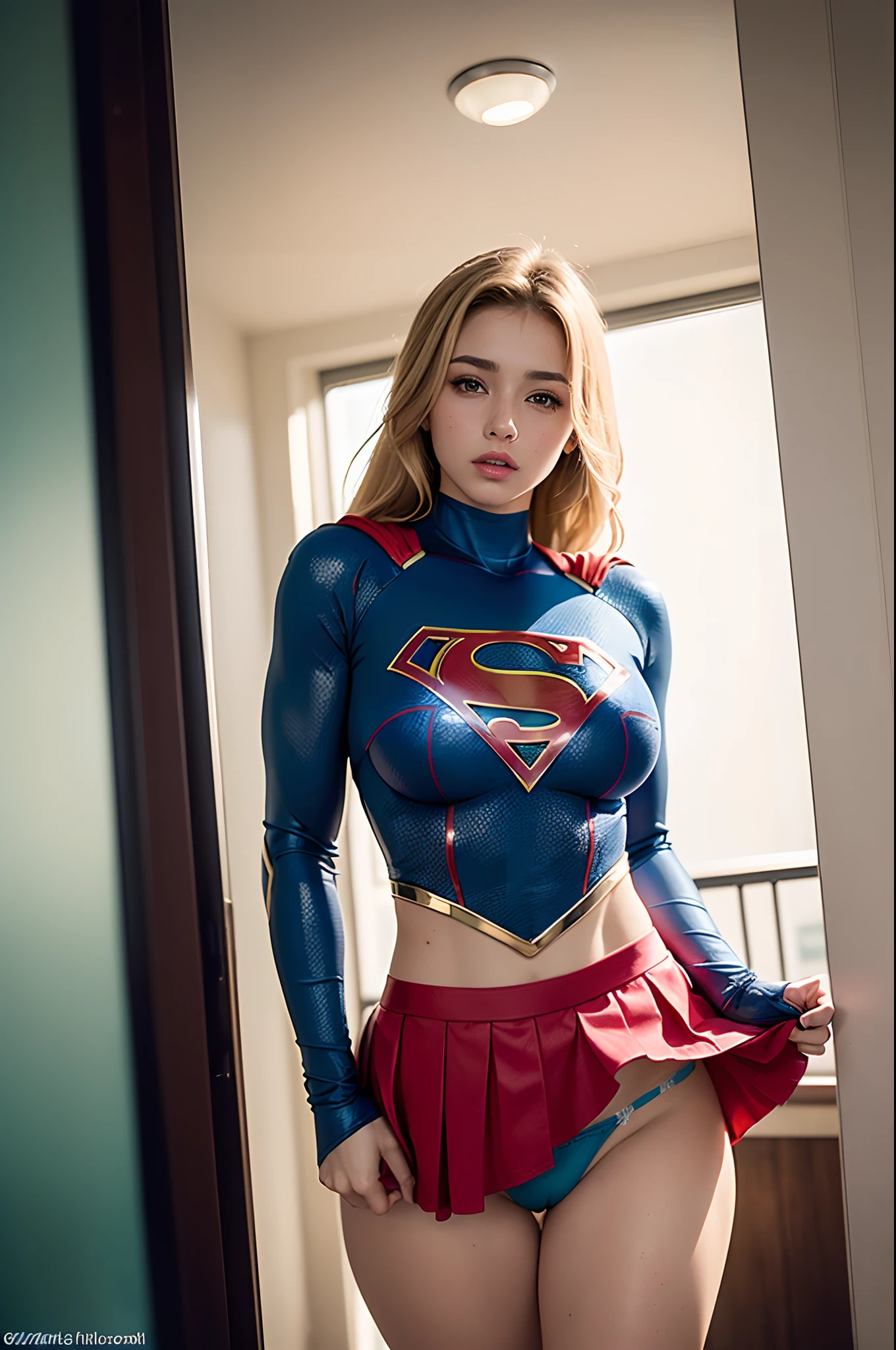 (Supergirl, eroic expression, perfect female American Goddess girl, incredible beauty, stunning) , Girl's body defined, fair skin, blonde hair, green eyes, perfect beautiful face, perfect breasts: 1.5, (muscular body: 1.1), flexible body , wearing costume ((Supergir)) sexy swimsuit stuck in her pussy, ((showing her pubic hair, she wears a skirt showing her ultra-thin transparent panties stuck in her pussy)), armor, huge and long breasts sticking out of her clothes, big long breasts sticking out cleavage, hot ass, erotic image, (erotic Supergirl armor, wet panties), depth of field, Cinematic lighting, reflection light, best quality, hard drive, 16k, UHD, anatomically correct, master piece, high quality, High, Hard disk, realistic photo, ultra detailed, ((perfect photo, photo taken from the bottom up showing her panties stuck in her pussy from under her skirt)), she is flying wearing a skirt without panties, she comes out showing her pussy, Pornography, naked