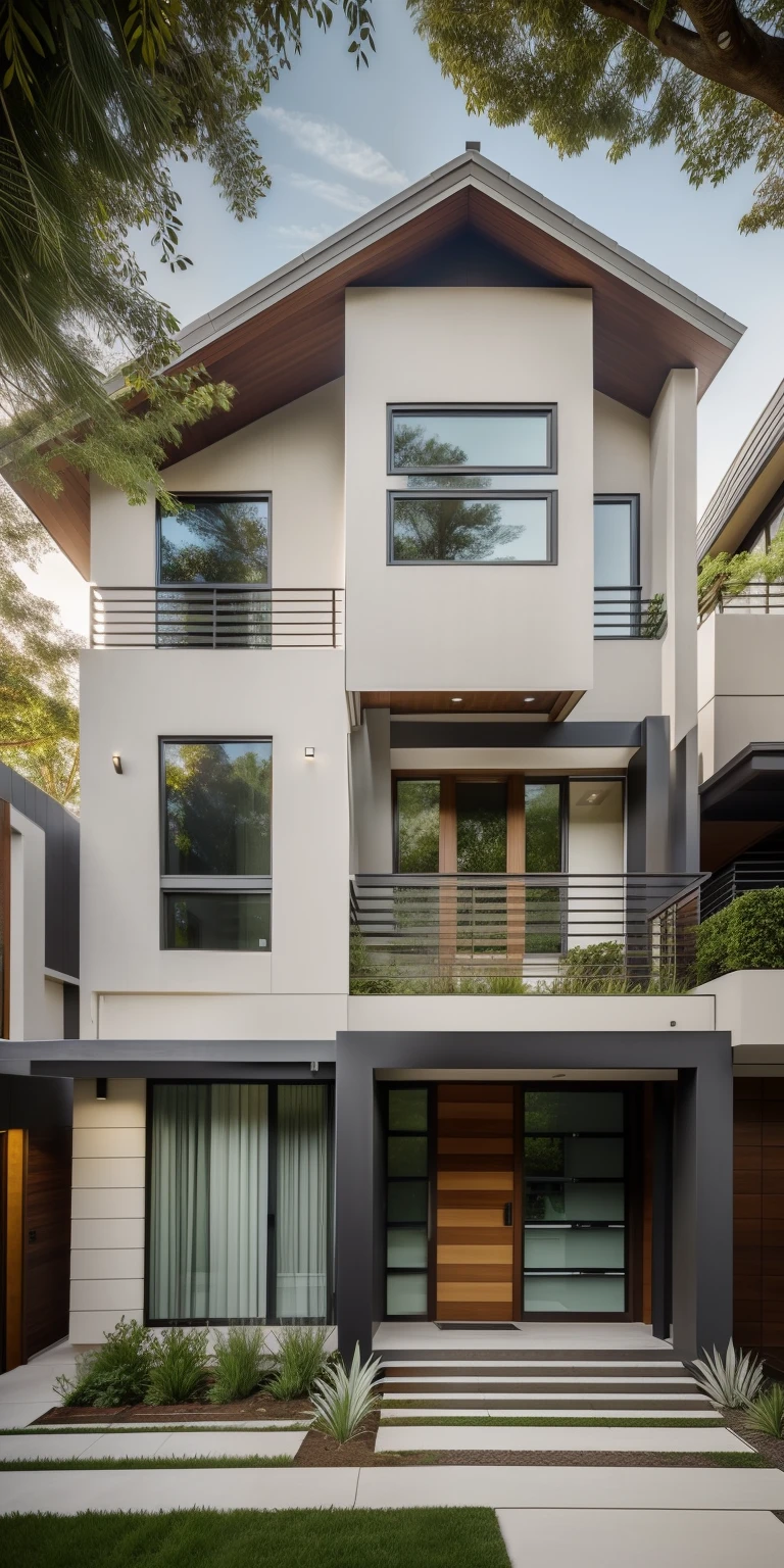 Exterior, morden house, day light, A modern street-facing house seamlessly integrates natural elements into its design. The architecture embodies an urban oasis concept, featuring a balcony adorned with lush greenery and a front yard that blends nature with the urban environment. Soft ambient lighting casts a warm and welcoming glow. Channeling the spirit of renowned architect Frank Lloyd Wright, this design showcases his signature organic architecture style. The medium for this artwork is an architectural blueprint rendered in high-definition 3D graphics, emphasizing every detail of the design. The color scheme primarily consists of earthy tones and various shades of green, enhancing the connection to nature