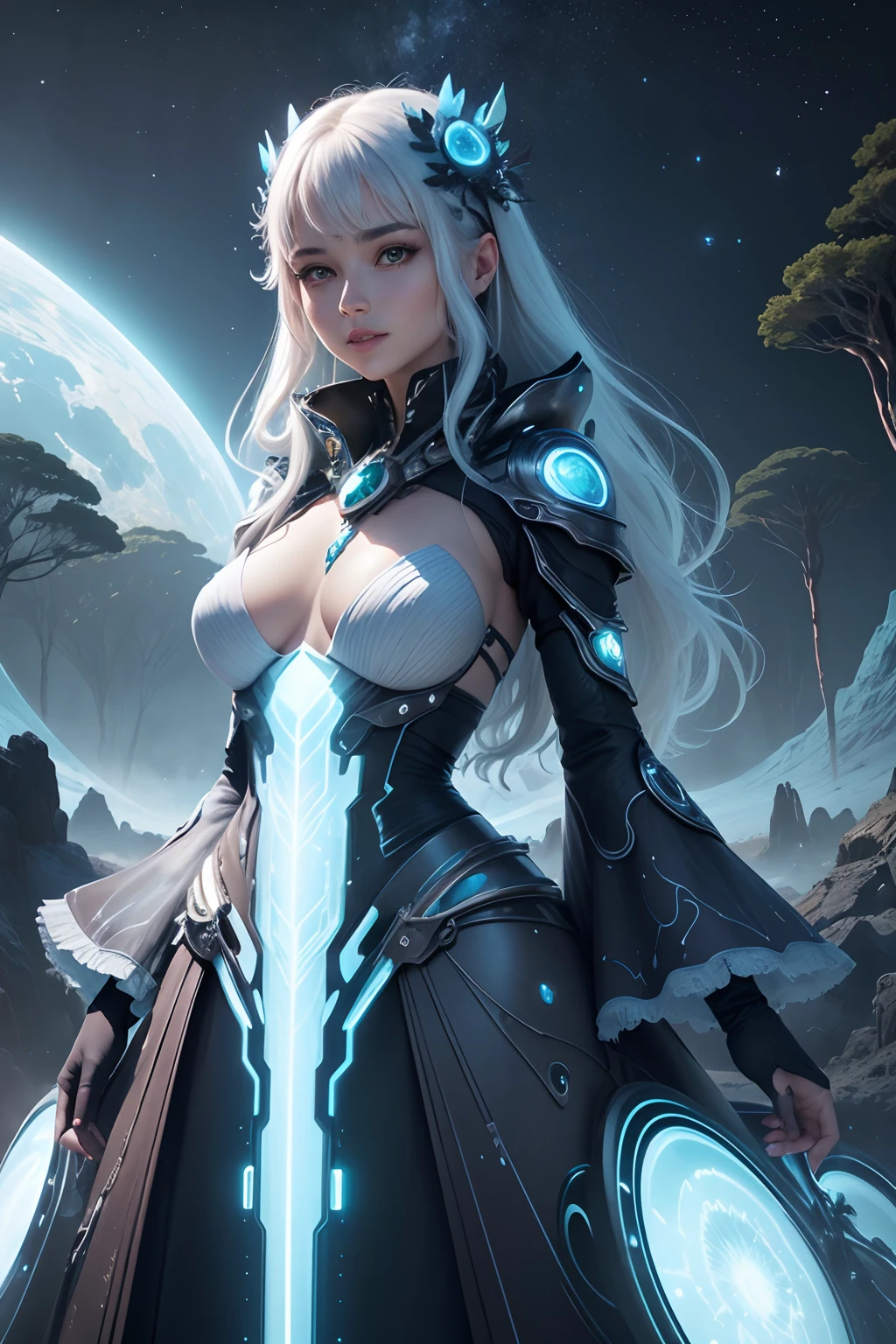 (best quality,4k,8k,highres,masterpiece:1.2),ultra-detailed,(realistic,photorealistic,photo-realistic:1.37),stunningly beautiful woman on alien planet, other planet visible in sky, amazing alien flora and fauna all around, beautiful futuristic clothes,extraterrestrial beings,fascinating extraterrestrial vegetation,exquisitely designed futuristic clothing,breathtaking panoramic view of the alien landscape,glowing bioluminescent plants emitting an ethereal light,giant otherworldly flowers in vibrant colors,towering alien trees with twisted branches and glowing leaves,majestic alien creatures with unique features and patterns,lush green grass and sparkling blue rivers flowing through the alien landscape,soft sunlight casting a warm glow on the woman's face,creating a mesmerizing atmosphere,crystal clear sky with multiple moons and distant galaxies,transporting the viewer to a different world,futuristic technology seamlessly integrated into the environment,enabling the woman to interact with the surroundings,she exudes grace and confidence,with her flowing hair and radiant smile,her eyes sparkle with intelligence and curiosity,the intricate details of her outfit showcase her individuality and style,bringing together the elements of fashion and technology,she stands tall and proud amidst the alien wonders,exploring the unknown with a sense of wonder and adventure,creating a sense of harmony and unity between humanity and the alien world,blending the boundaries of reality and imagination.