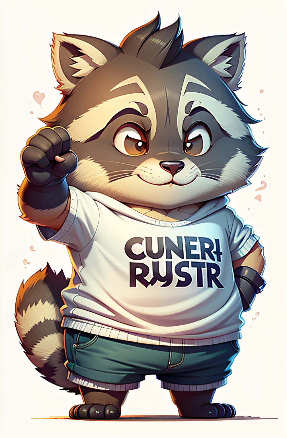 Bipedal creatures like raccoon, Stretch out your paws, "chubby", Masterpiece, wearing t-shirt, smiling, looking at viewer, celebrating, Best quality