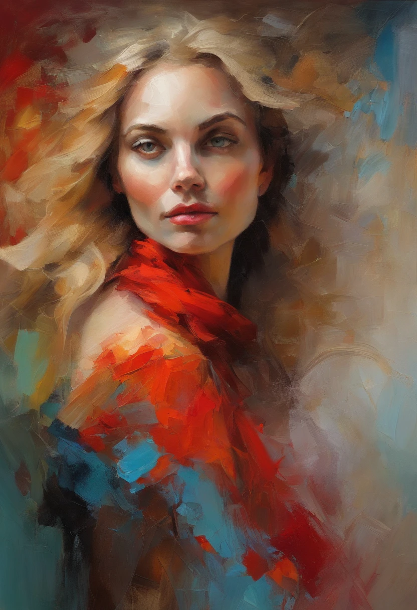 Female portrait, bold and expressive brushwork, beautiful woman, eyes looking at camera, long blond hair, provocative red dress, vibrant colors, surreal elements, symbolism, art by Junyi Liu