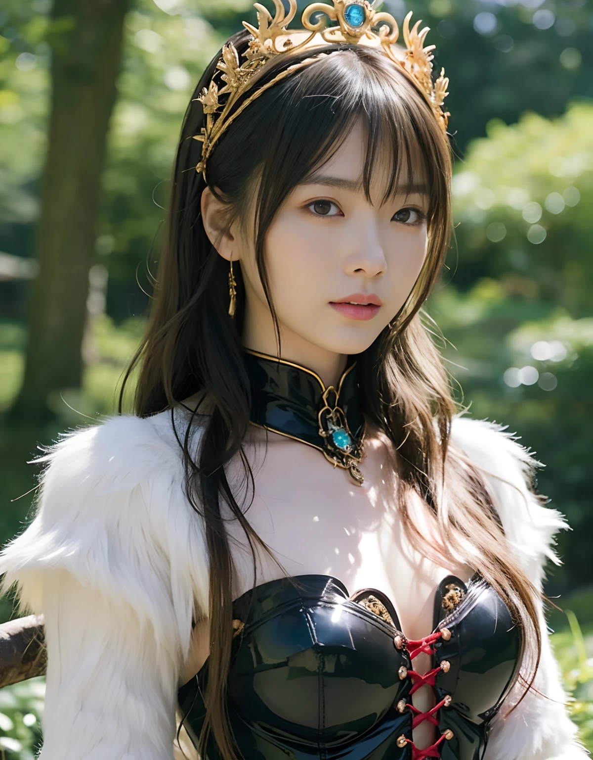 (Fight fiercely with dragons)、top-quality、​masterpiece、超A high resolution、（White Dragon Armor）、(((Colossal tits))),dragon armor、(Wearing a beautiful crown made of jewels),(Photorealsitic:1.4)、Raw photo、女の子1人、Golden hair、glowy skin、(((Chinese Dragon)))、（Gorgeous Jewelry Necklaces）、（Mystical expression）、（Fight big dragons）、With a beautiful knife、（White Metal Bikini）、(beautiful forest background)、Precipitous cliffs、(Small LED)、((super realistic details))、portlate、globalillumination、Shadow、octan render、（One-Eyed Scouter）、8K、ultrasharp、Colossal tits、Raw skin is exposed in cleavage、metals、Details of complex ornaments、Japan details、highly intricate detail、Realistic light、CGSoation Trends、Blue eyes、radiant eyes、Facing the camera、neon details、(Mechanical limbs)、(blood vessels connected to tubes)、Mechanical vertebrae attached to the back、mechanical cervical attaching to neck、(Wires and cables connecting to the head)、Gundam、Small LED、,Mechanical thighs、Toostock、（Full Body Angle）、（veils）、(((Heavy Big))),