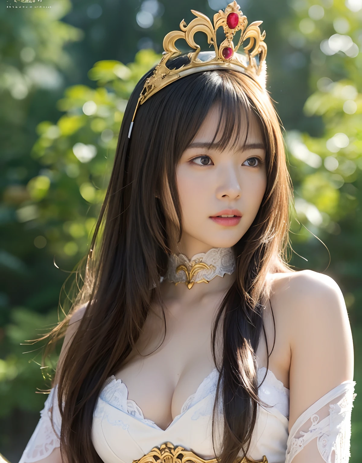 (Fight fiercely with dragons)、top-quality、masterpiece、超A high resolution、(White Dragon Armor)、dragon armor、(Wearing a beautiful crown made of jewels),(Photorealsitic:1.4)、Raw photo、1人、Golden hair、glowy skin、(((With the legendary sword)))、(Gorgeous Jewelry Necklaces)、(Mystical expression)、(Fight big dragons)、With a beautiful knife、(White Metal Bodysuit)、(beautiful forest background)、Precipitous cliffs、(Small LED)、((super realistic details))、portlate、globalillumination、Shadow、octan render、(One-Eyed Scouter)、8K、ultrasharp、Colossal tits、Raw skin is exposed in cleavage、metals、Details of complex ornaments、Japan details、highly intricate detail、Realistic light、CGSoation Trends、Red Eyes、radiant eyes、Facing the camera、neon details、(Mechanical limbs)、(blood vessels connected to tubes)、Mechanical vertebrae attached to the back、mechanical cervical attaching to neck、(Wires and cables connecting to the head)、Gundam、Small LED、,Mechanical thighs、Toostock、(Hands are also made of machines)、(veils)、