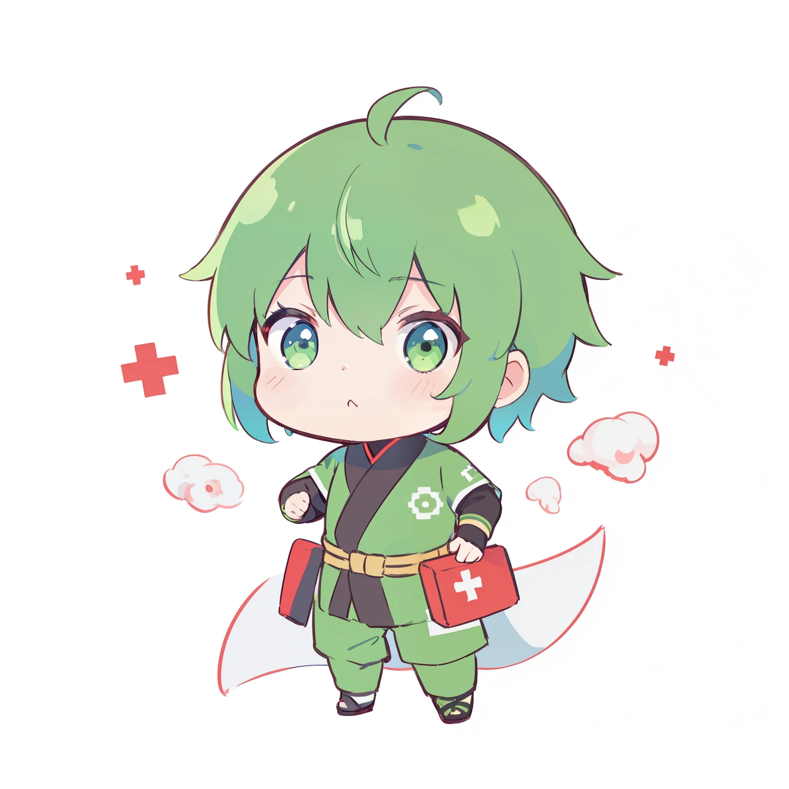 Chibi Ninja,(White background 1:3 ),the character is standing,masuter piece,ninjartist,Official characters,Green-haired maple-leafy head,Official characters,dots,pixels,Pixel art,Green Ninja Suit,Ninja Woman,Prepare a medicine box with the Red Cross mark