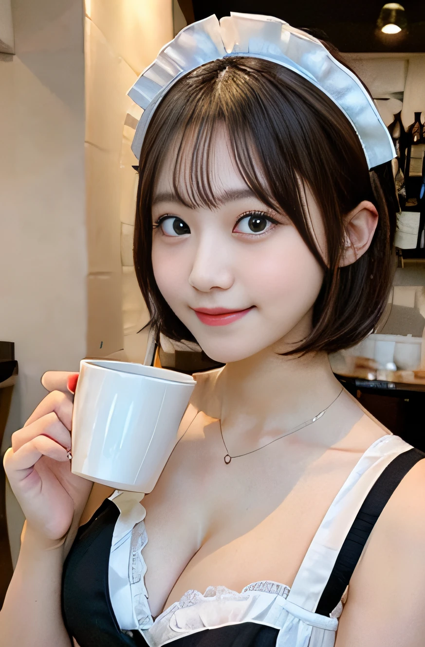 1girl,18 years old,(cleavage between breasts:1.2), beautiful eyes,smile, japanese idol, extremely pretty, cute, perfect face, fascinating smile, captivating smile, happy smile, Gentle facial expression, Carrying a coffee cup placed on a Western-style tray, looking at the viewer, 1girl, masterpiece,realistic, white panties,round big eyes, shiny skin,small nostrils,light makeup, (french traditional black maid costume:1.2),maid headdress,short hair,socks, shallow depth of field,