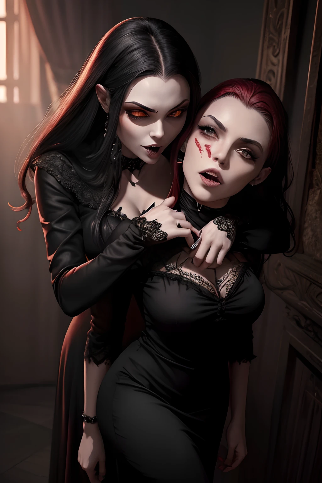 Mulher jovem vampira , imagem fechada no rosto, (((biting a victim's neck))), blood running down his neck (((sague na boca))), com olhos (((vermelhos))), pele branca, cabelo preto longo usando um (((vestido vermelho))). , Realistic, Very detailed, dentes de vampiro, sexy,a Gothic style, fundo avermelhado