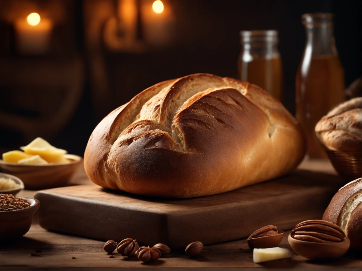 Appetizing bread, Cinematic, Professional Photography, Studio Lighting, Studio Background, advertising photography, Intricate details, ultra-detailliert, A hyper-realistic, 8KUHD