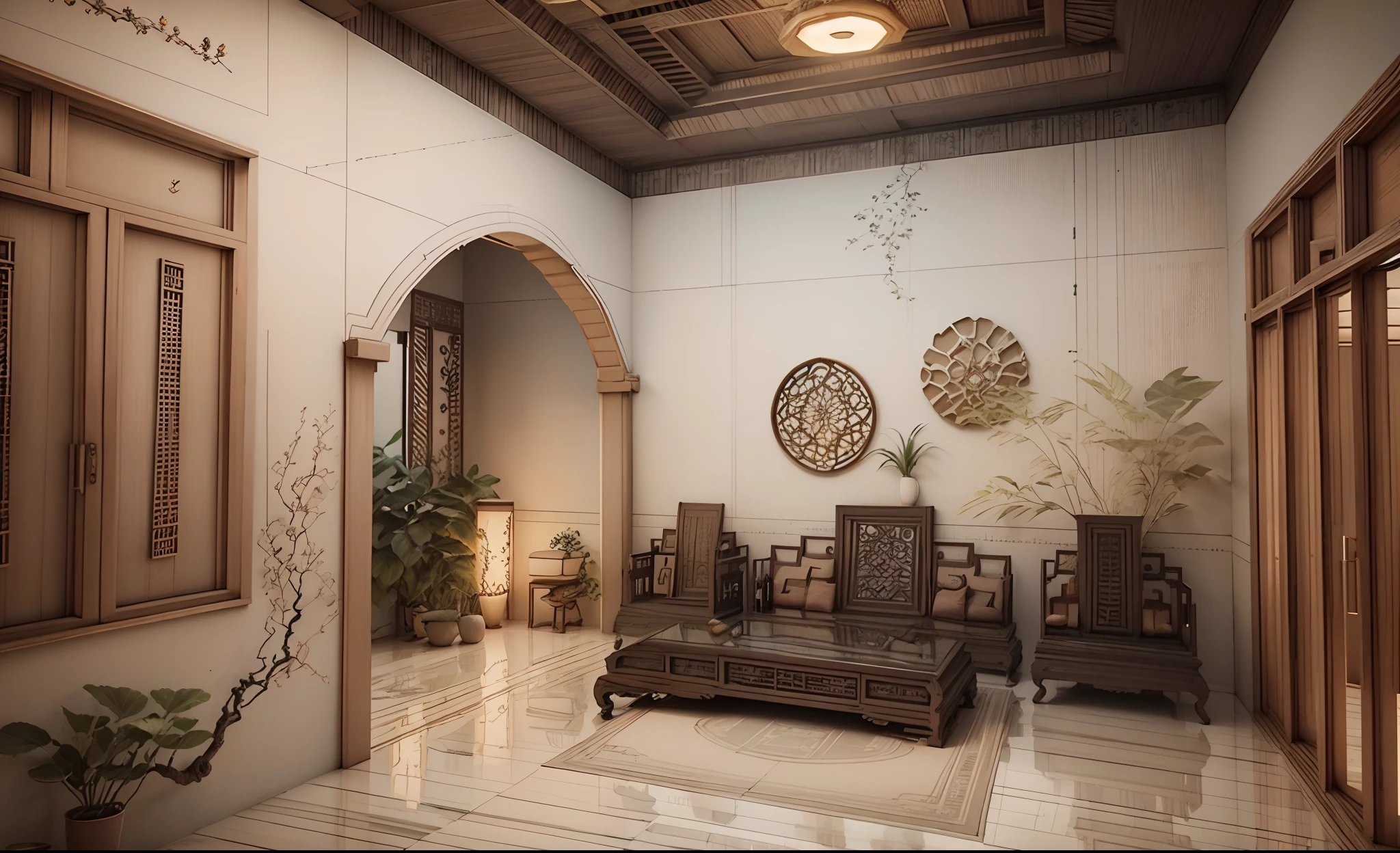 Interior design corridor floor plan, Southeast Asian style decoration, multi-angle display, 3d rendering, comfortable interior lighting, super detail, movies, furniture and windows in the evening, 8K