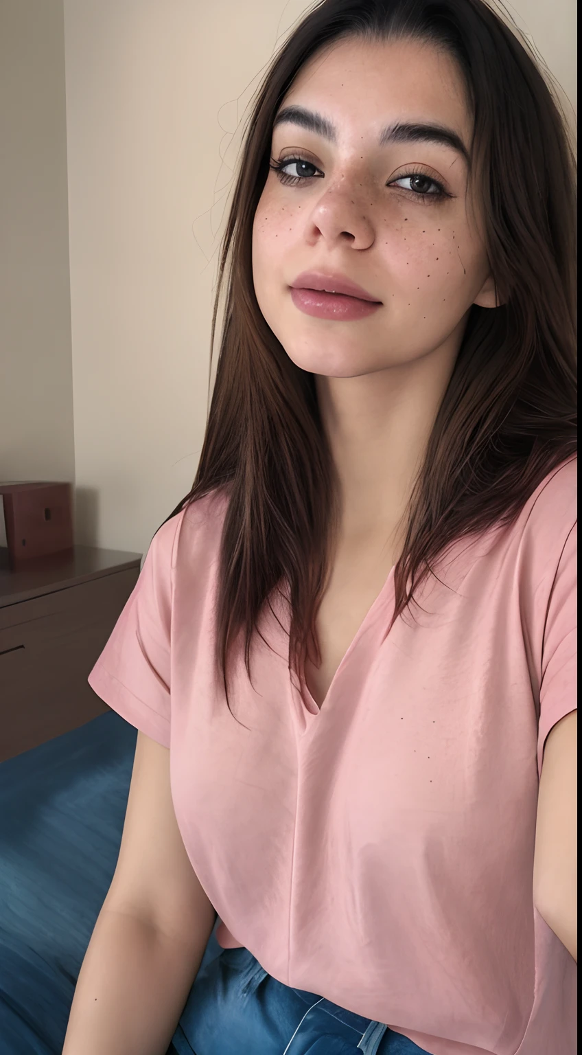 romantic style, masterpiece, best quality, 8k, artstation, sharp focus, ultrarealistic, high details, raw photo of a portrait of a pole, undercut hair, maid, freckles, casual pink tshirt and jeans pink tshirt , lying On Bed, Lying On Bed, Just Woke Up, Just Woke up,amazing body, pronounced feminine feature, bedroom, closeup, early morning 8 am (redhead:0.4), (photorealistic:1.3), (highest quality:1.3), (film grain:1.3),  ( world's best photography:1.3), (professional Photo:1.3), (detailed details:1.3), (cinematic light:1.3), ( cinematic color:1.3), maximum depth of field, film photography, ( intricate details:1), (hyperdetailed:1),
