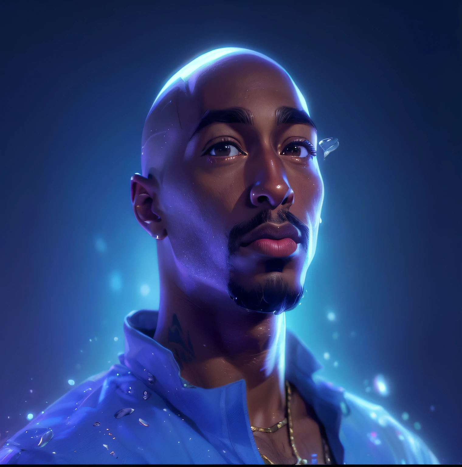 Ultra-detailed portrait of Tupac Shakur between the age of 21-24 Bald Hairstyle , in the style of Pixar and Disney, Makoto Shinkai, Katsuhiro Otomo, Thomas Kinkade, Greg Rutkowski, Mike Mignola and Ismail Inceoglu., Nose piercing posing , clothed in white shirt, fully tattooed body,, official product photo, b full product shot, (8k, RAW photo, photorealistic:1.25) ,( gloss-face, glossy skin, best quality, ultra highres, depth of field, chromatic aberration, caustics, Broad lighting, natural shading) looking at viewer with a serene and goddess-like happiness, (top-quality、in 8K、32K、masterpiece)、(Photorealsitic:1.4)、Downtown District Background、Backlight effect、depth of fields,blurry backround,(top-quality、8K、32K、masterpiece)