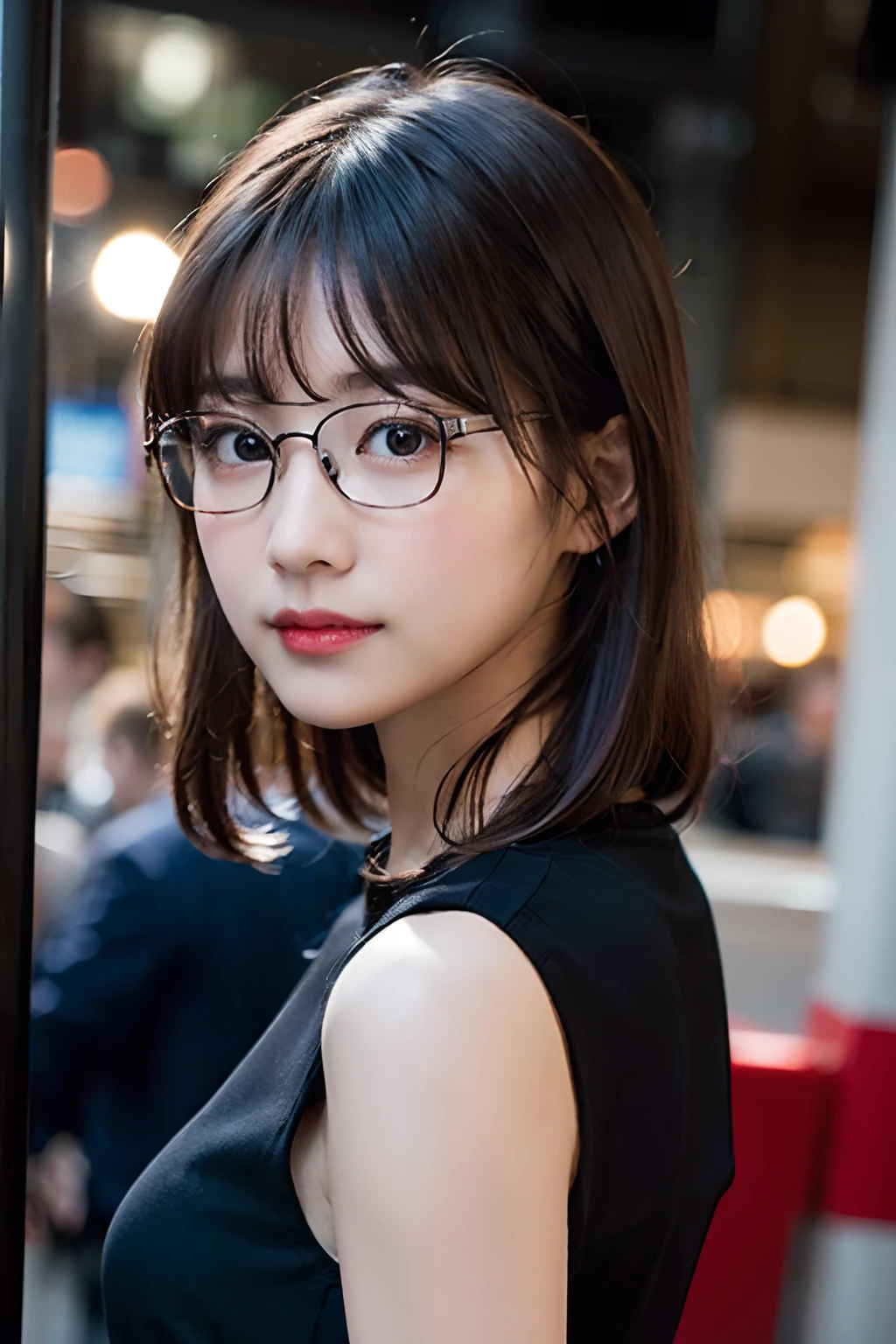 (8K、Raw photography、top-quality、masterpiece:1.2)、(realisitic、Photorealsitic:1.37)、ultra-detailliert、超A high resolution、1人、see the beholder、beautifull detailed face、A smile、Constriction、(Slim waist) :1.3)、short-cut、Beautiful detailed skin、Skin Texture、Floating hair、Professional Lighting、Wait for the platform train、Black square glasses 、Whole human body、Brown hair