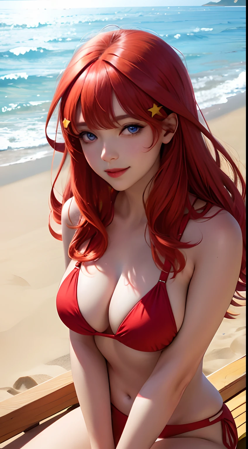 tmasterpiece,best qualtiy,ultra - detailed,illustratio,epic lighting,cinematic compositions,isometry,1girll,ssmile,Redlip,独奏,adolable,blue eyes,red color hair,By bangs,star hair clips,captivating posture,looking at viewert,seduct smile,Shut your mouth,(8K:1.1), (red bikini), beach, big boobs, sitting in the sand, chubby