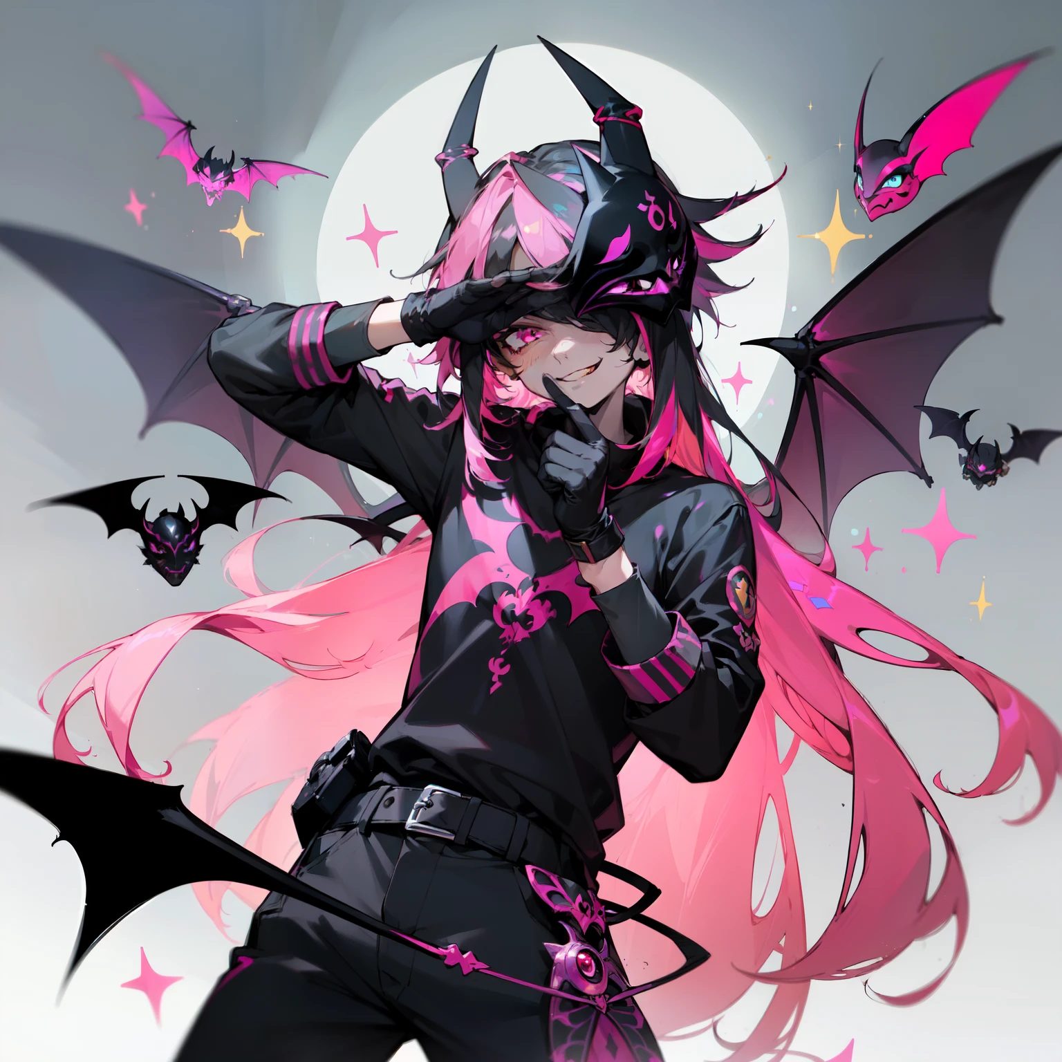 (masterpiece, best quality:1.2),solo, ((1boy:1.5)), ((lilia vanrouge as a Digimon)), full body ,Mischievous smile, looking at viewer, multicolored hair, black hair, streaked pink hair,((Anthro Bat)),(( fairy)), ((Demonic)), ((Pink and Black Body))digimon\(creature\),(( mask covering Eyes)) gloves, black shirt
wings, sparkling clothing, ((Grey skin))