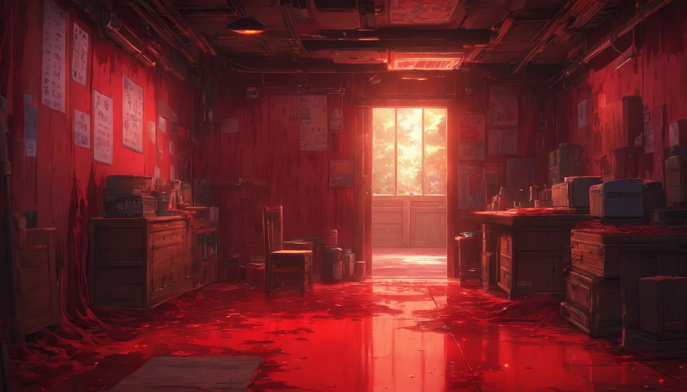 Scenery Blood red room, Press the camera, hyper HD, correct, textured scenery, Super detail, High details, High quality, High resolution, 8K, hyper HD, Textured scenery, Super detail, High details, High quality, Best quality, 8K ,Leishnampo, Room 2, Horror
