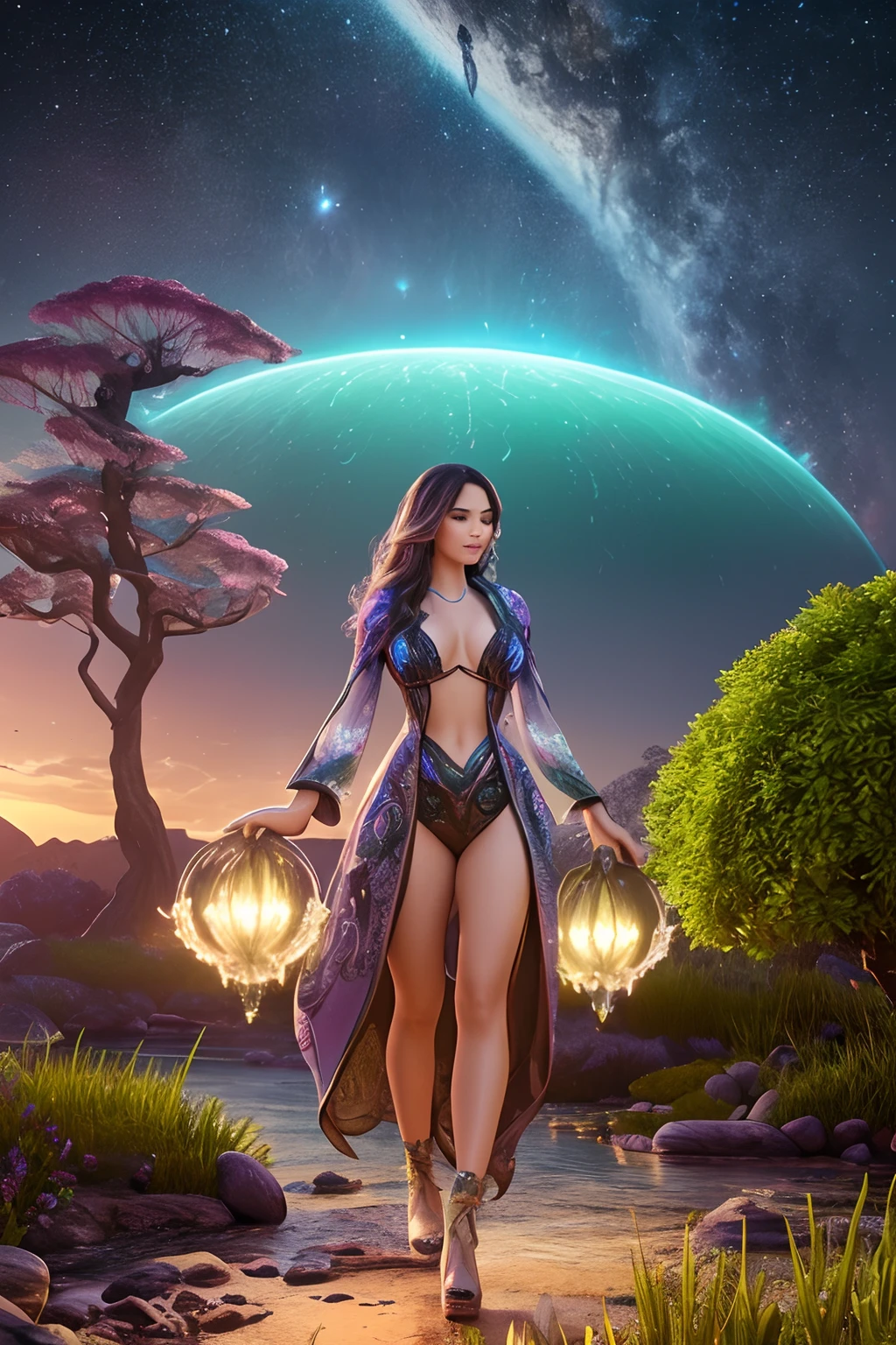 (best quality,4k,8k,highres,masterpiece:1.2),ultra-detailed,(realistic,photorealistic,photo-realistic:1.37),stunningly beautiful woman on alien planet, other planet visible in sky, amazing alien flora and fauna all around, beautiful futuristic clothes,extraterrestrial beings,fascinating extraterrestrial vegetation,exquisitely designed futuristic clothing,breathtaking panoramic view of the alien landscape,glowing bioluminescent plants emitting an ethereal light,giant otherworldly flowers in vibrant colors,towering alien trees with twisted branches and glowing leaves,majestic alien creatures with unique features and patterns,lush green grass and sparkling blue rivers flowing through the alien landscape,soft sunlight casting a warm glow on the woman's face,creating a mesmerizing atmosphere,crystal clear sky with multiple moons and distant galaxies,transporting the viewer to a different world,futuristic technology seamlessly integrated into the environment,enabling the woman to interact with the surroundings,she exudes grace and confidence,with her flowing hair and radiant smile,her eyes sparkle with intelligence and curiosity,the intricate details of her outfit showcase her individuality and style,bringing together the elements of fashion and technology,she stands tall and proud amidst the alien wonders,exploring the unknown with a sense of wonder and adventure,creating a sense of harmony and unity between humanity and the alien world,blending the boundaries of reality and imagination.