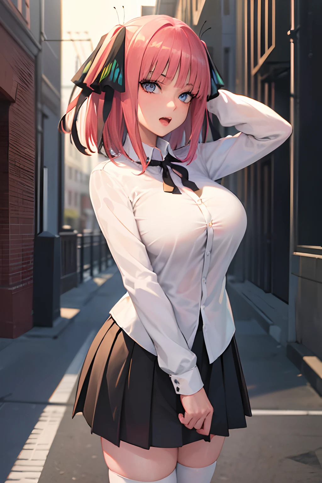 masterpiece, best quality, ultra-detailed, glistening shiny, glowing light, ray tracing, HDR, deph of field, (perfect face, detailed face, detailed eyes,perfect hands),(medium boobs:1.2),8k,HD,ultra realistic face,ray tracing,perfect lighting,best quality, ultra-detailed, shiny eyes, (looking at viewer,open mouth smile:1.1), ((1girl)), (mature female:1.4),cowboy shot,thighs,pov,
nino,short hair,((gradient hair)),multicolored eyes, gradient eyes, (glowing eyes:1.1), mascara, (fashion make up), parted lips,butterfly hair ornament,skirt, shirt,long sleeves, ribbon, school uniform, hair ribbon, white shirt, pleated skirt, open clothes,collared shirt,blunt bangs, white thighhighs,leeves past wrists, dress shirt, black ribbon,leeves past wrists, dress shirt, black ribbon, black cardigley, brick wall, wall graffiti, graffiti cans, dustbins, railings)),(complex background, many elements in the background:1.2),((super detailed background)), mistress poses, ((8k wallpaper)),