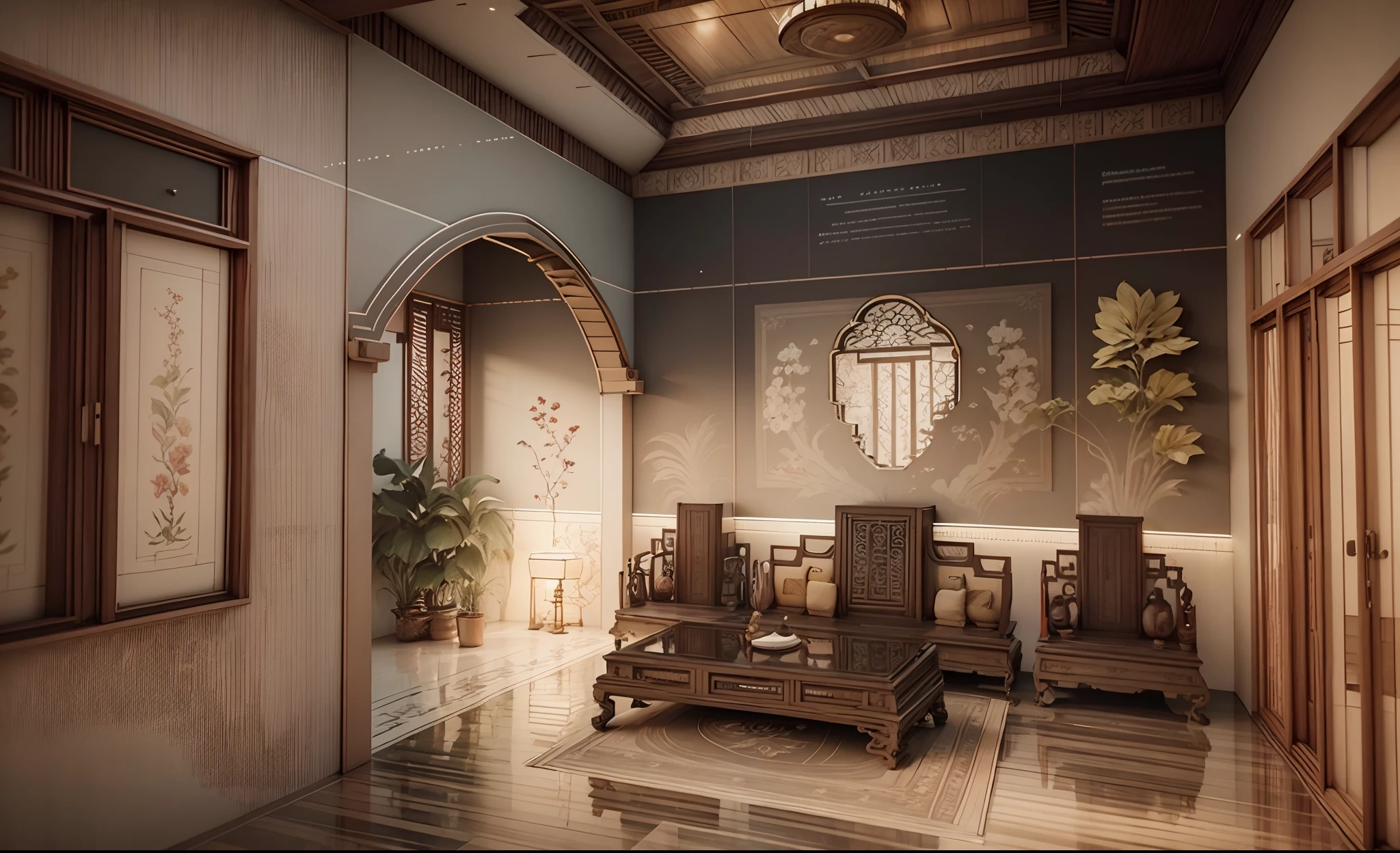 Interior design corridor floor plan, Southeast Asian style decoration, multi-angle display, 3d rendering, comfortable interior lighting, super detail, movies, furniture and windows in the evening, 8K