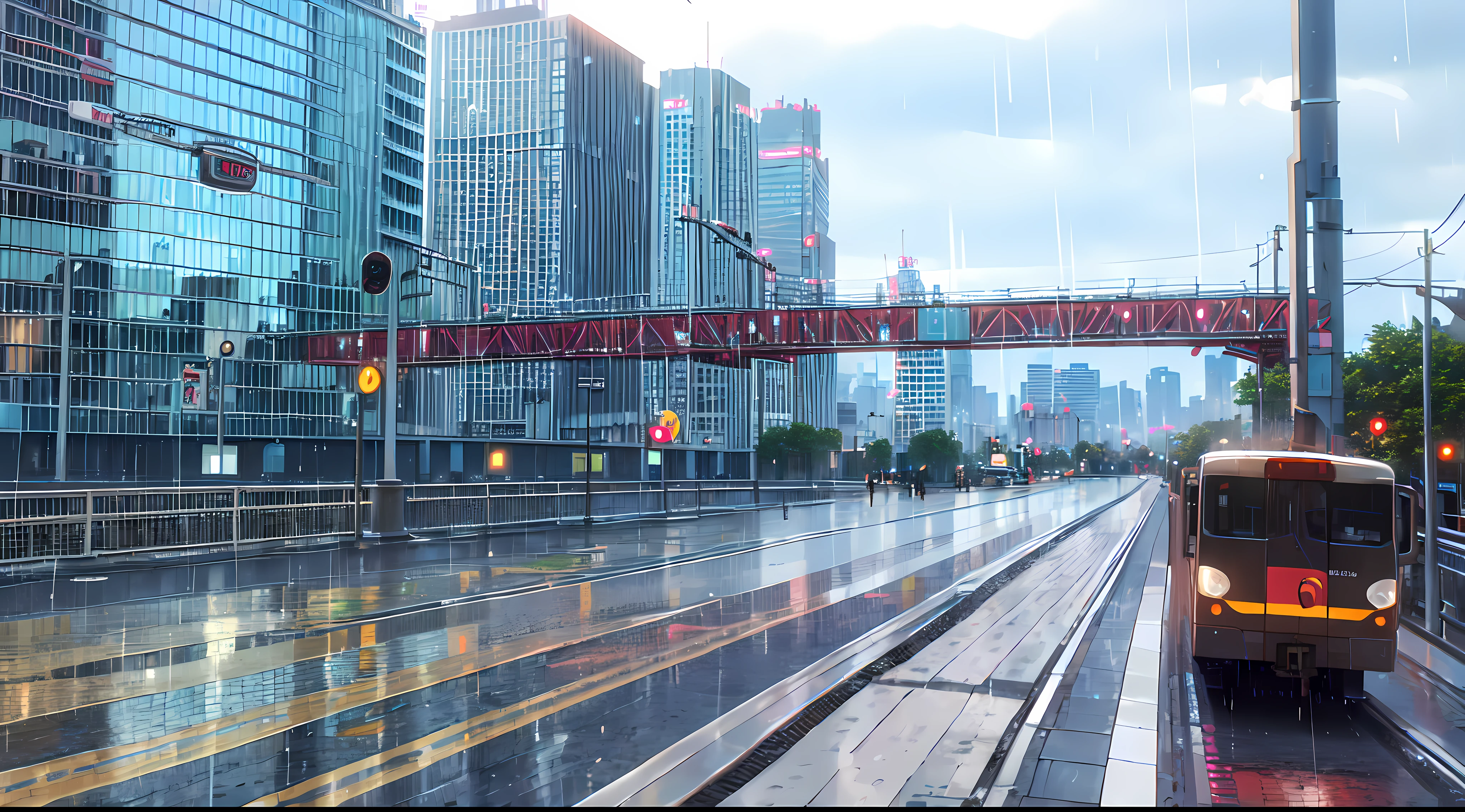 masterpiece, best quality, scenery, sky, rain, city, transportation, Road, day, sunlight