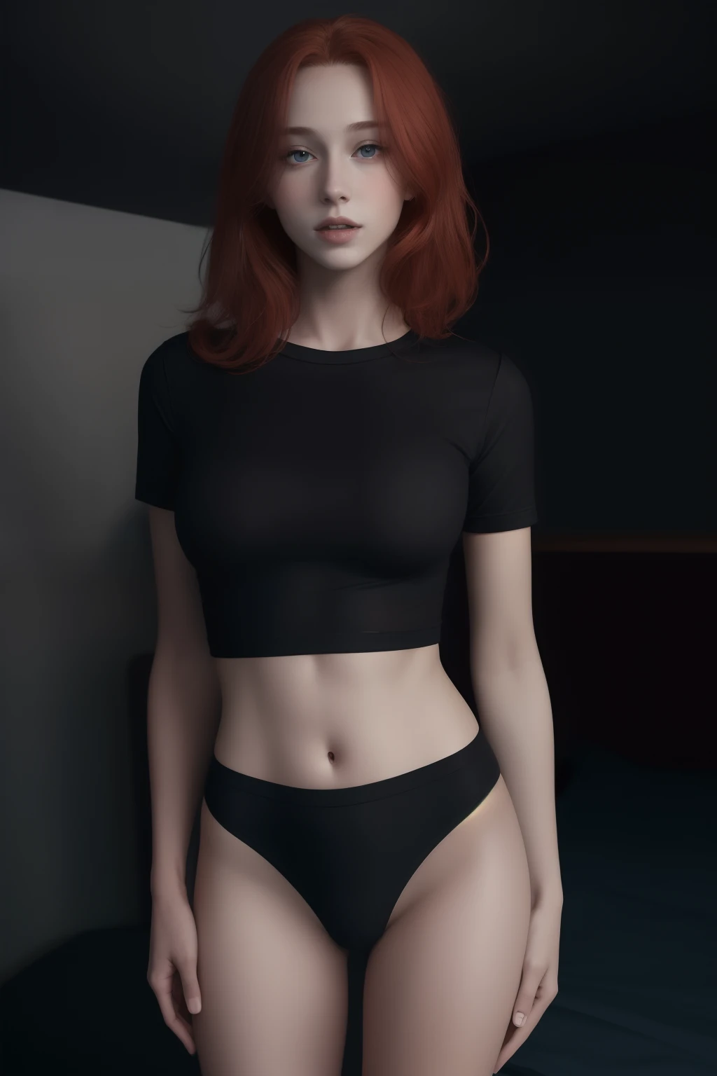 Young TENN GIRL, , Masterpiece, best quality, hi res, 8k, award winning Protrait, photography, redhead , LEGS SPREAD WIDE, LEGS OPEN, girl, beautiful face, 15 year old, ginger , petite, cute face, oval jaw, delicate features, beautiful face, lusty lips, blueish eyes, perfect slim body,SMALL ASS, perfect slim waist, MEDIUM tits, sensual look, PERFECT HANDS, THIGH GAP, PULL T-SHIRT DOWN, upper half body, tits, seductive, alluring, enticing, sexually provocative , black panties , black shirt, shirt tug, naked shirt, CINEMATIC