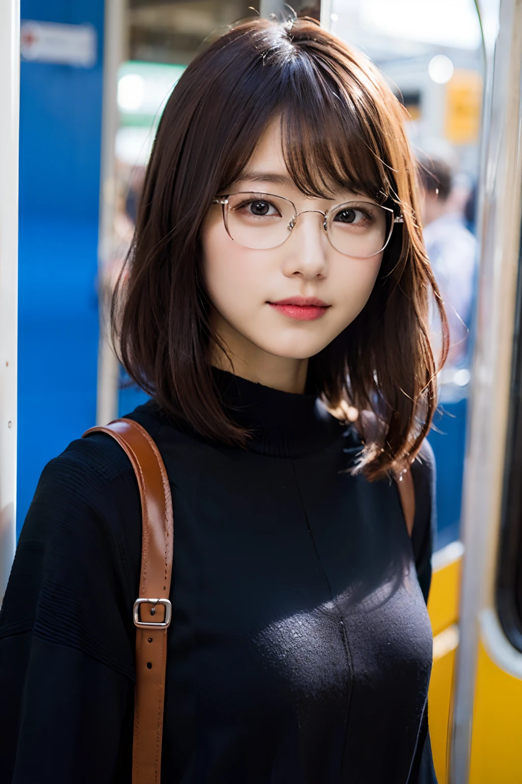 (8K、Raw photography、top-quality、masterpiece:1.2)、(realisitic、Photorealsitic:1.37)、ultra-detailliert、超A high resolution、1人、see the beholder、beautifull detailed face、A smile、Constriction、(Slim waist) :1.3)、short-cut、Beautiful detailed skin、Skin Texture、Floating hair、Professional Lighting、Wait for the platform train、Black square glasses 、Whole human body、Brown hair