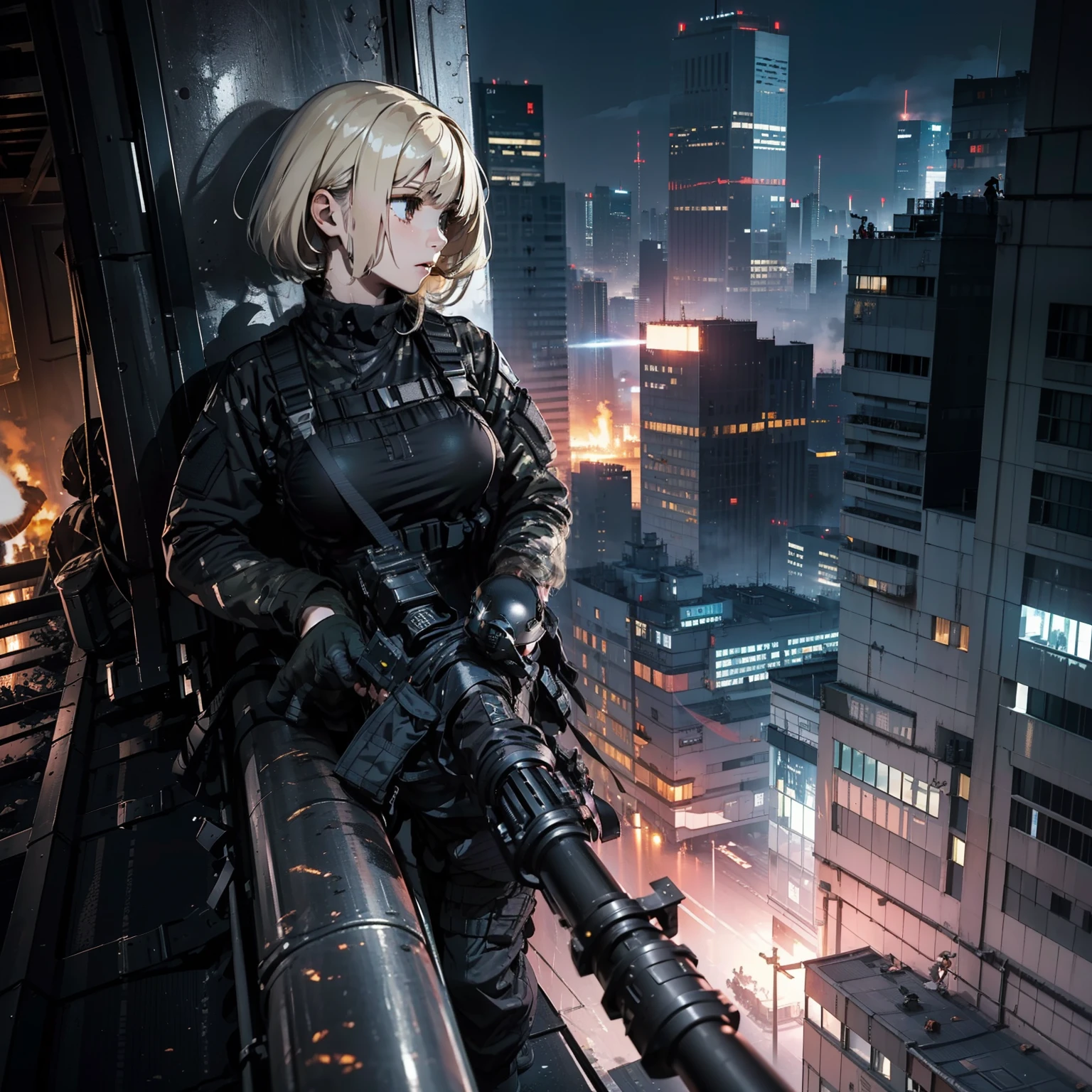 (Trained female soldiers)、((Aim and fire your rifle:1.4、Sniper stance、guns、h&K HK416))、1 Women、thick body、(Black combat uniform)、(platinum-blonde-hair:1.2)、((超A high resolution))、Detail Write、​masterpiece、top-quality、extremely details CG、8K picture quality、Cinematographic lighting、lensflare、(Skyscraper rooftop at night:1.4)、Hyper-detailing、((Dynamic Angle Bust Shots:1.4))、Detailed firearm depiction、Rifle with perfect detail、Perfect barrel that does not distort、Fighter in the sky、Military drones