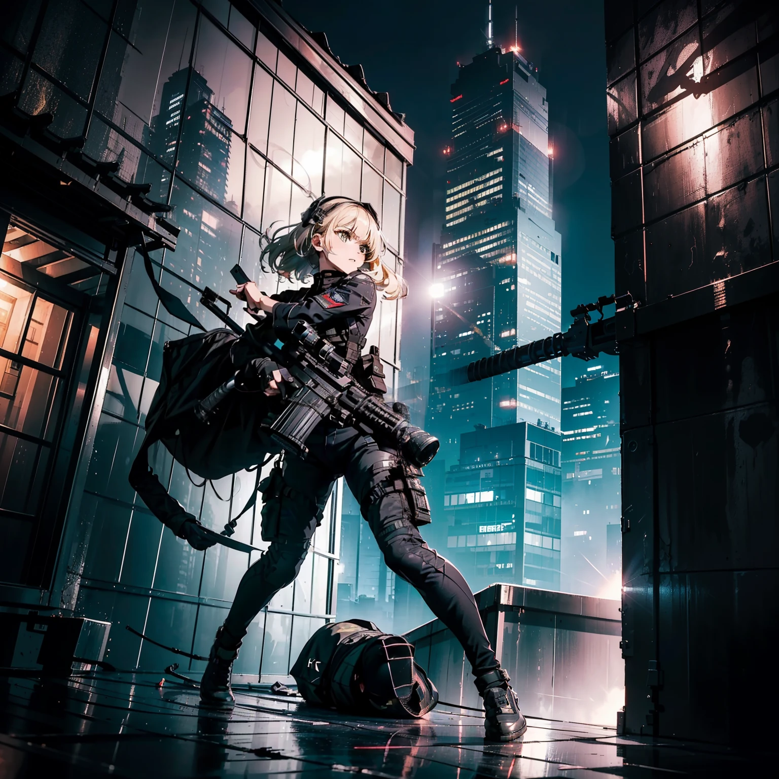 (Trained female soldiers)、((Aim and fire your rifle:1.4、Sniper stance、guns、h&K HK416))、1 Women、thick body、(Black combat uniform)、(platinum-blonde-hair:1.2)、((超A high resolution))、Detail Write、masterpiece、top-quality、extremely details CG、8K picture quality、Cinematographic lighting、lensflare、(Skyscraper rooftop at night:1.4)、Hyper-detailing、((Dynamic Angle Bust Shots:1.4))、Detailed firearm depiction、Rifle with perfect detail、Perfect barrel that does not distort、Fighter in the sky、Military drones