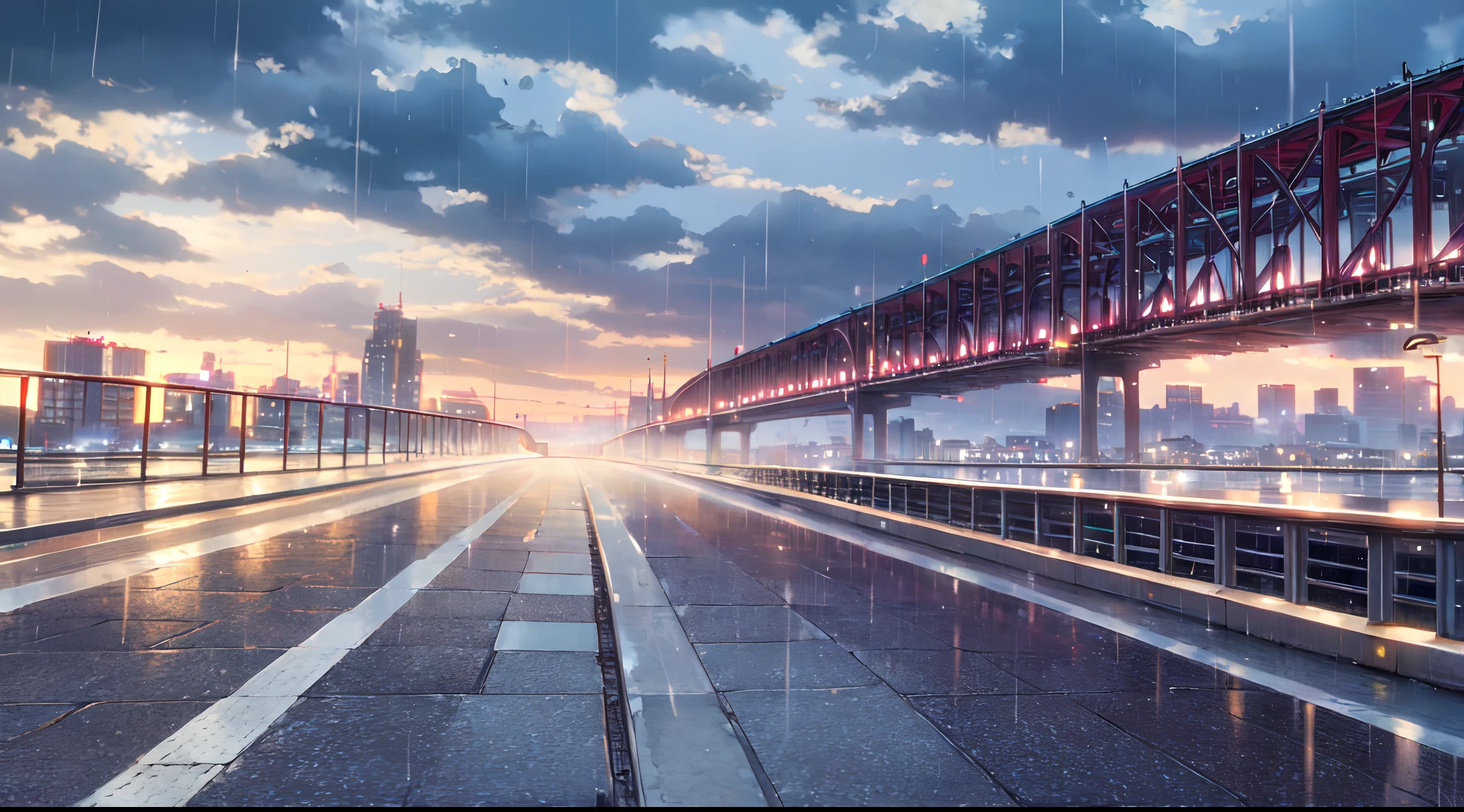 masterpiece, best quality, scenery, sky, rain, city, transportation, Road, day, sunlight