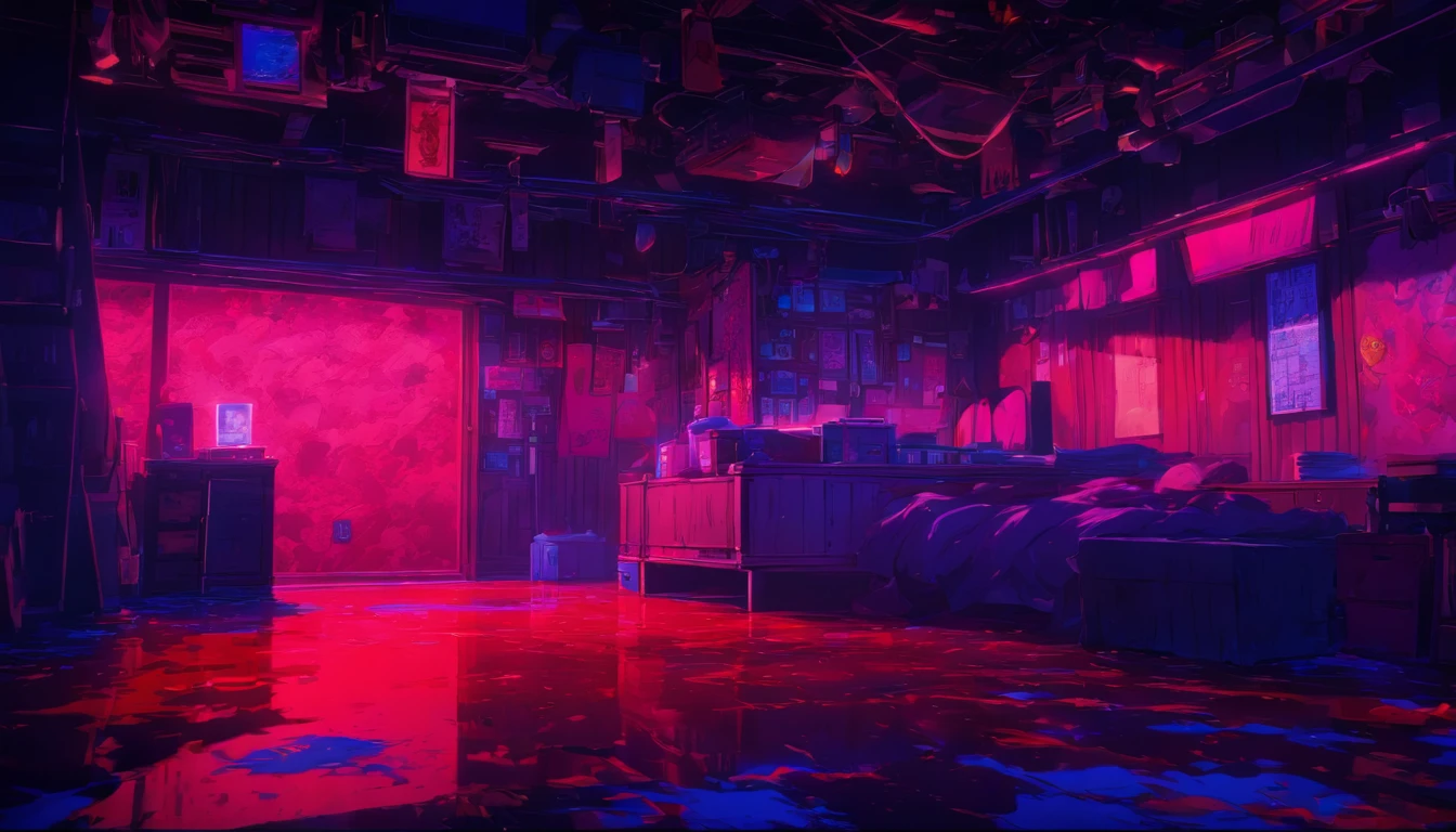 Night scene lighting black light Blood red room, Press the camera, hyper HD, correct, textured scenery, Super detail, High details, High quality, High resolution, 8K, hyper HD, Textured scenery, Super detail, High details, High quality, Best quality, 8K, Leishnampo, Room 2, Horror
