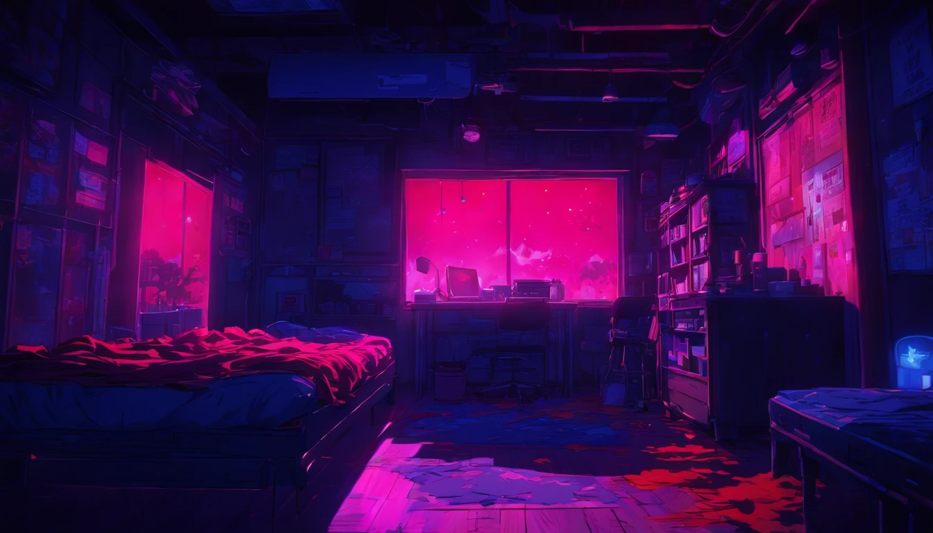 Night scene lighting black light Blood red room, Press the camera, hyper HD, correct, textured scenery, Super detail, High details, High quality, High resolution, 8K, hyper HD, Textured scenery, Super detail, High details, High quality, Best quality, 8K, Leishnampo, Room 2, Horror