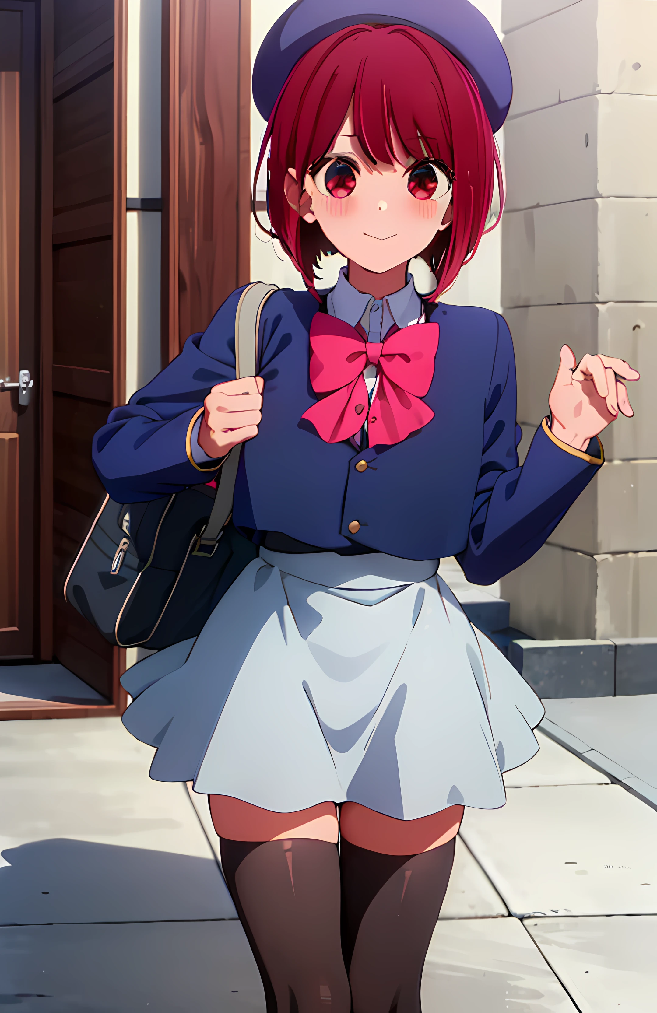 (masterpiece, best quality, highres:1.3), (arima kana, oshi no ko:1.2), looking away, blush, happy, school uniform, blue beret, pinkred bowtie, blue jacket, grey miniskirt, grey skirt