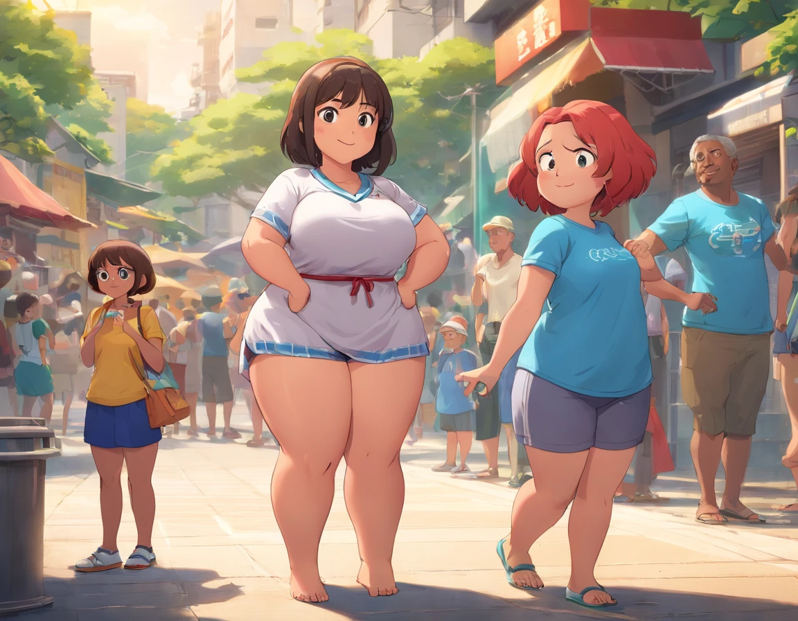 2 women of different sizes walking hand in hand on the busy street during the day,((a woman with a huge penis is completely naked and pregnant,((a thin woman in a very short skirt and very short blouse)),Different types of hair , different body,