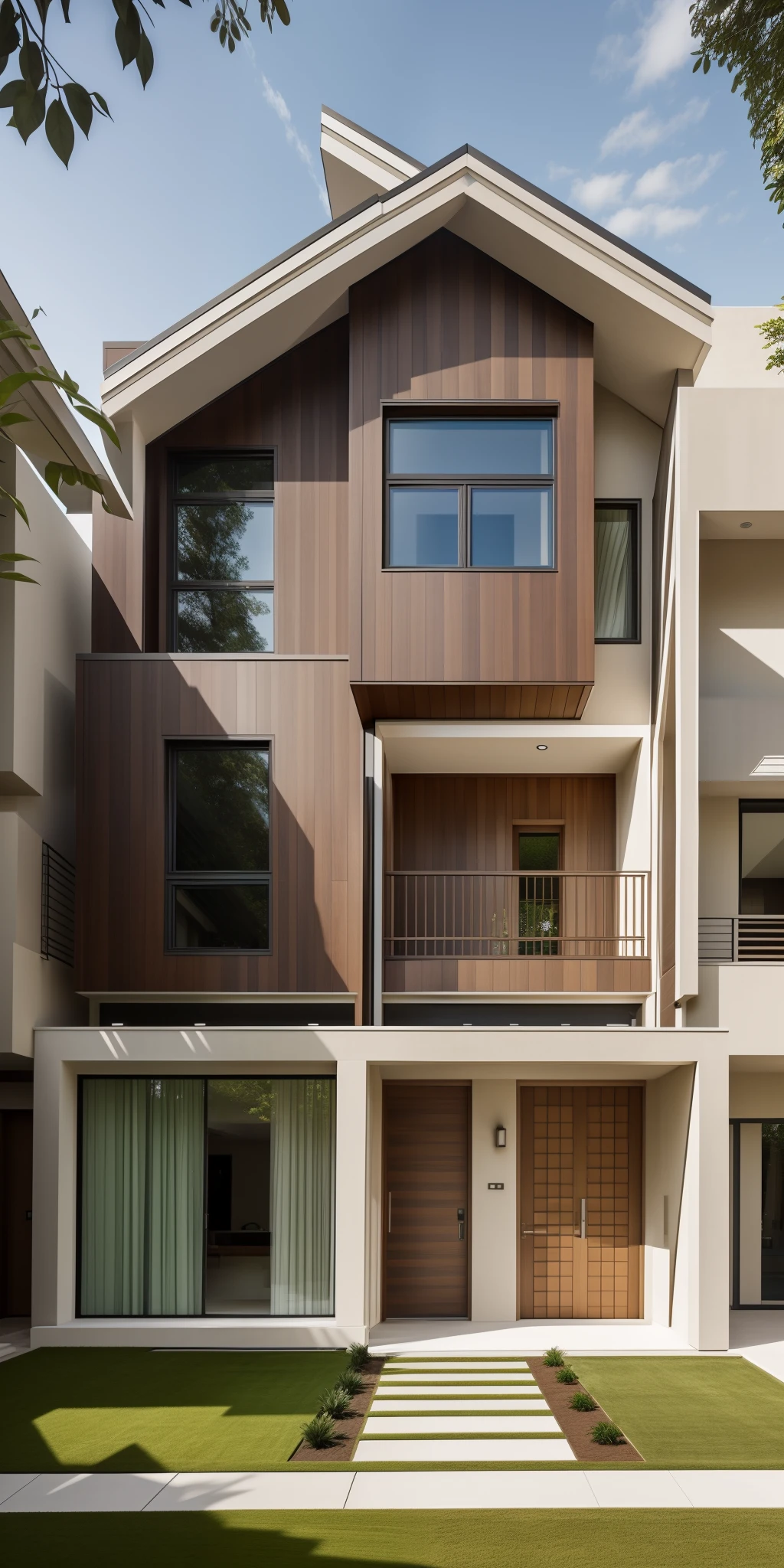 Exterior, morden house, day light, A modern street-facing house seamlessly integrates natural elements into its design. The architecture embodies an urban oasis concept, featuring a balcony adorned with lush greenery and a front yard that blends nature with the urban environment. Soft ambient lighting casts a warm and welcoming glow. Channeling the spirit of renowned architect Richard Meier, this design showcases his signature organic architecture style. The medium for this artwork is an architectural blueprint rendered in high-definition 3D graphics, emphasizing every detail of the design. The color scheme primarily consists of earthy tones and various shades of green, enhancing the connection to nature