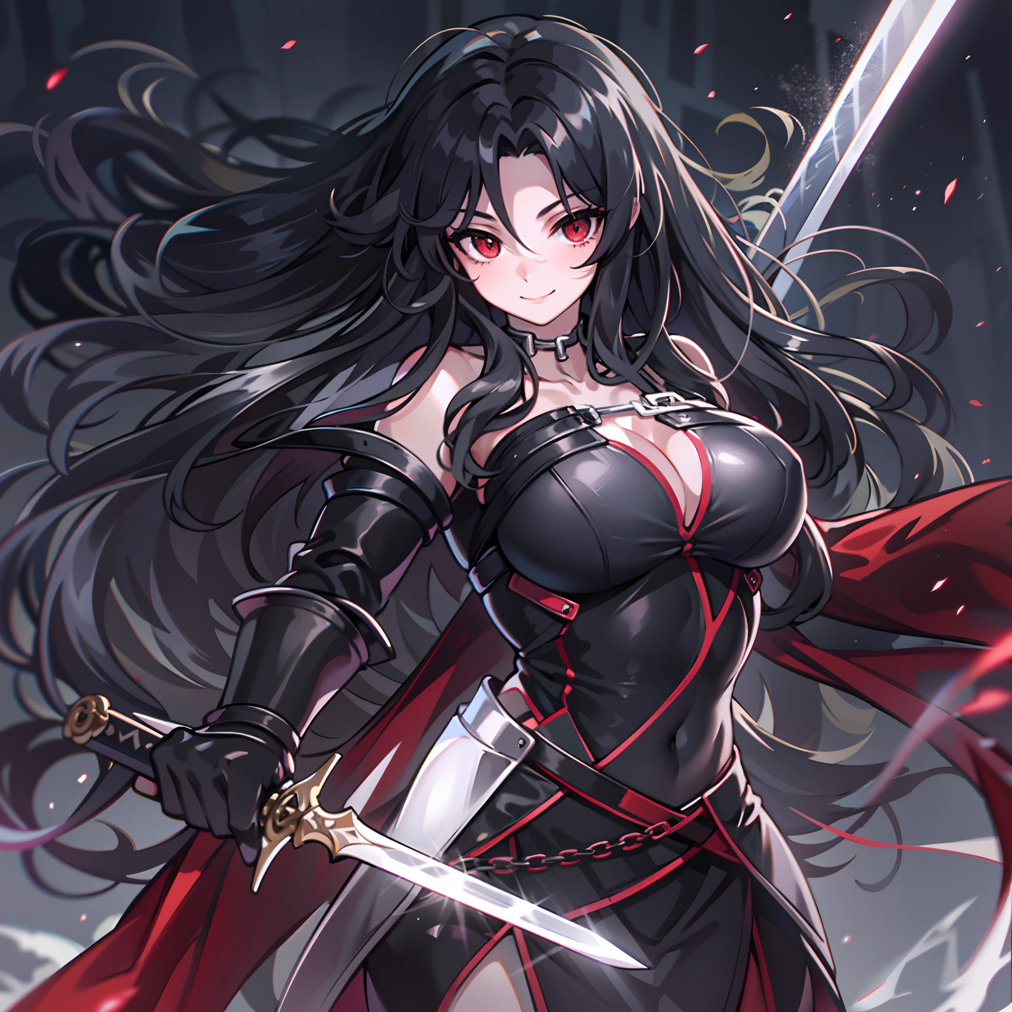 upper body, 1woman, grey-black hair, Long Haired, red eyes, ((swordwoman)), black cape, big breats, wallpaper, chain background, light particles, ((masterpiece)), ((best quality)), ((Top Quality)), pale white skin, solo, closed-mouth smile, standing pose