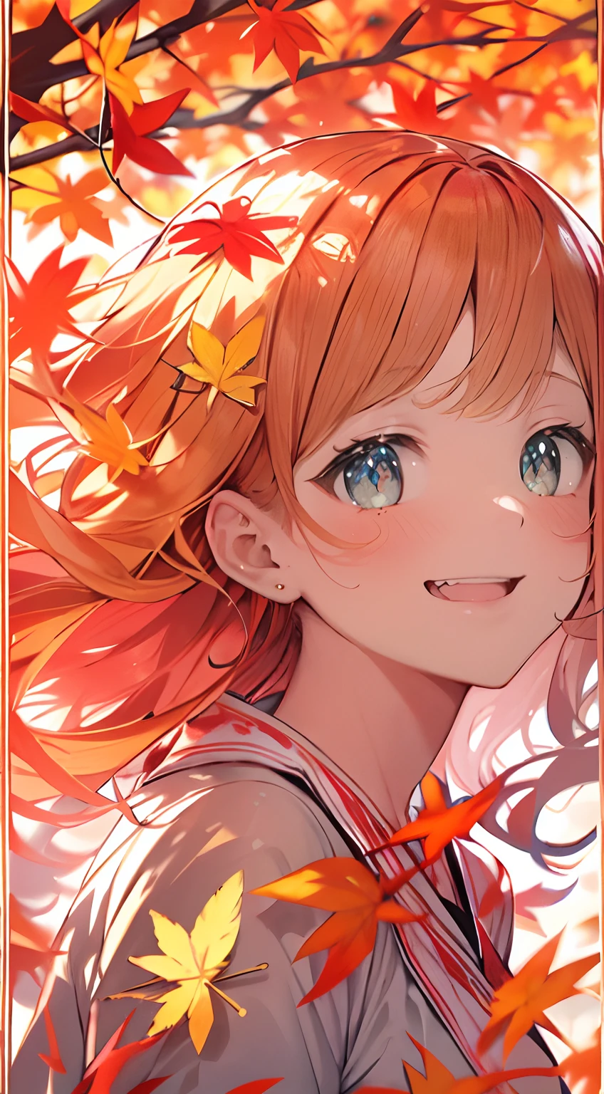 masutepiece, Best Quality,Illustration, Wallpaper, ultra -detail, Absurd beauty, 1beautiful girl、Bright hair color、Glitter and big eyes、Hair fluttering in the wind、ample breasts、♡、Smaller head、Autumn landscape、miscievous smile