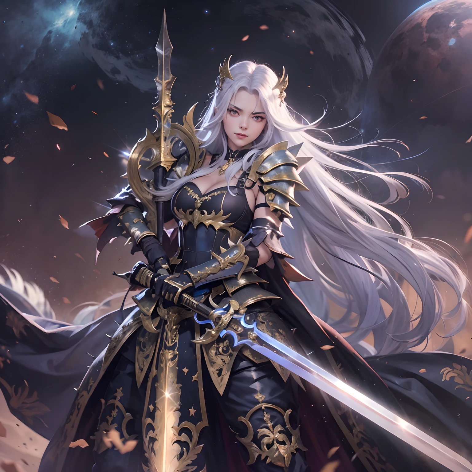 Holding buster sword, cinematic, 4k, 8k, illustration, spiky long silver hair, cladded in golden black armour, knight, pretty face , fantasy art, High quality, trending on pixiv, looking at viewer ,  smug face, cleavage, galaxy backdrop