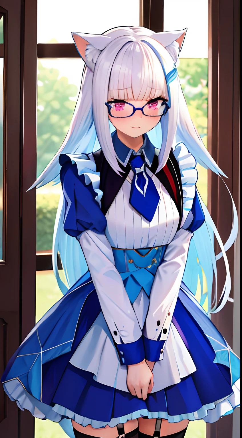 One girl with long hair, white hair, looking away, embarrassed, blushing, mouth small open, indoor, maid, cat ear, cat tail, maid costume, thigh, necktie, hands on waist, ear blush, mature female, glasses