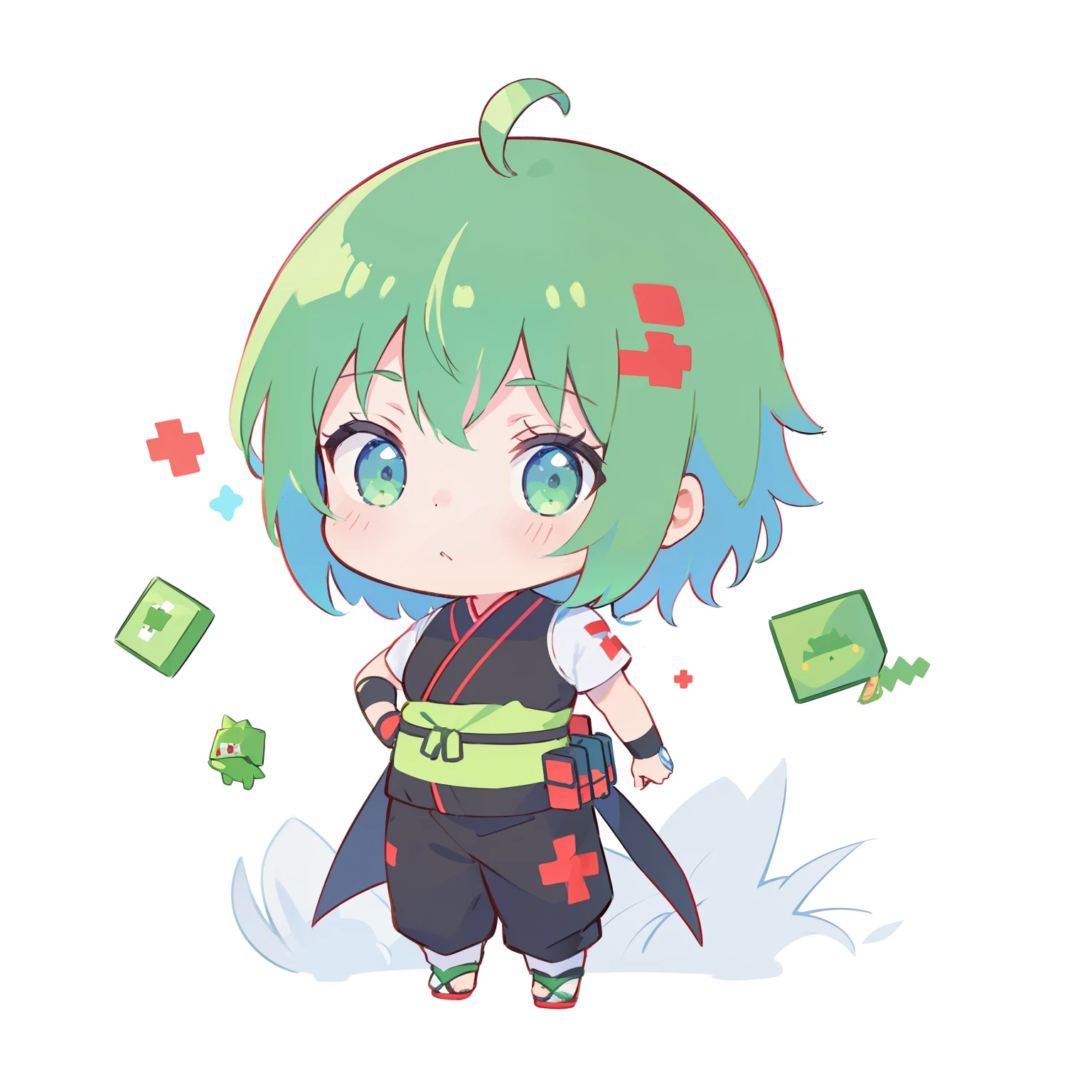 Chibi Ninja,(White background 1:3 ),the character is standing,masuter piece,ninjartist,Official characters,Green-haired maple-leafy head,Official characters,dots,pixels,Pixel art,Green Ninja Suit,Ninja Woman,Prepare a medicine box with the Red Cross mark