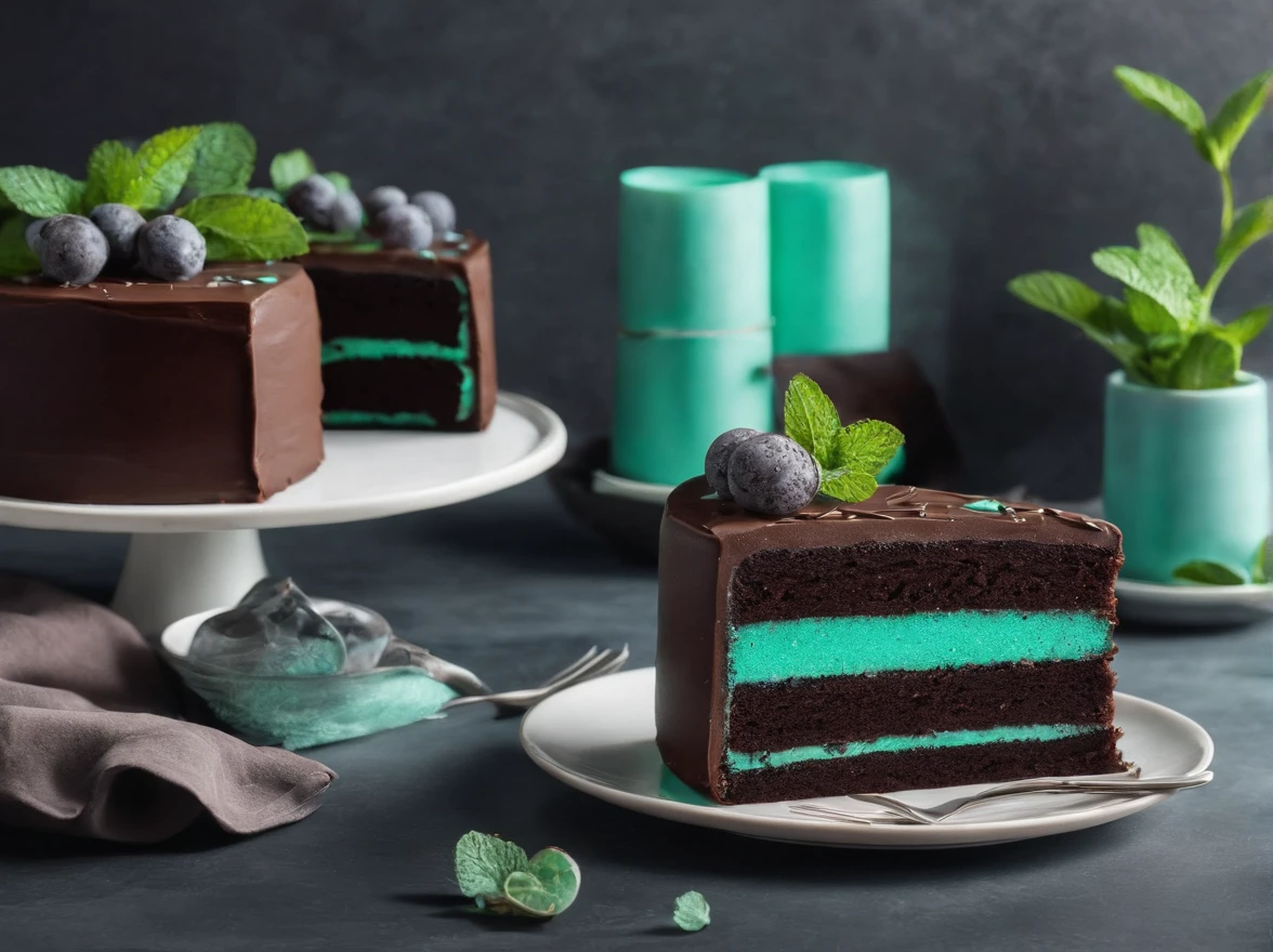 Chocolate Mint Cake, Cinematic, Professional Photography, Studio Lighting, Studio Background, advertising photography, ultra-detailliert, A hyper-realistic, 8KUHD