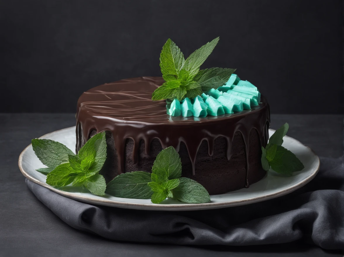 Chocolate Mint Cake, Cinematic, Professional Photography, Studio Lighting, Studio Background, advertising photography, ultra-detailliert, A hyper-realistic, 8KUHD